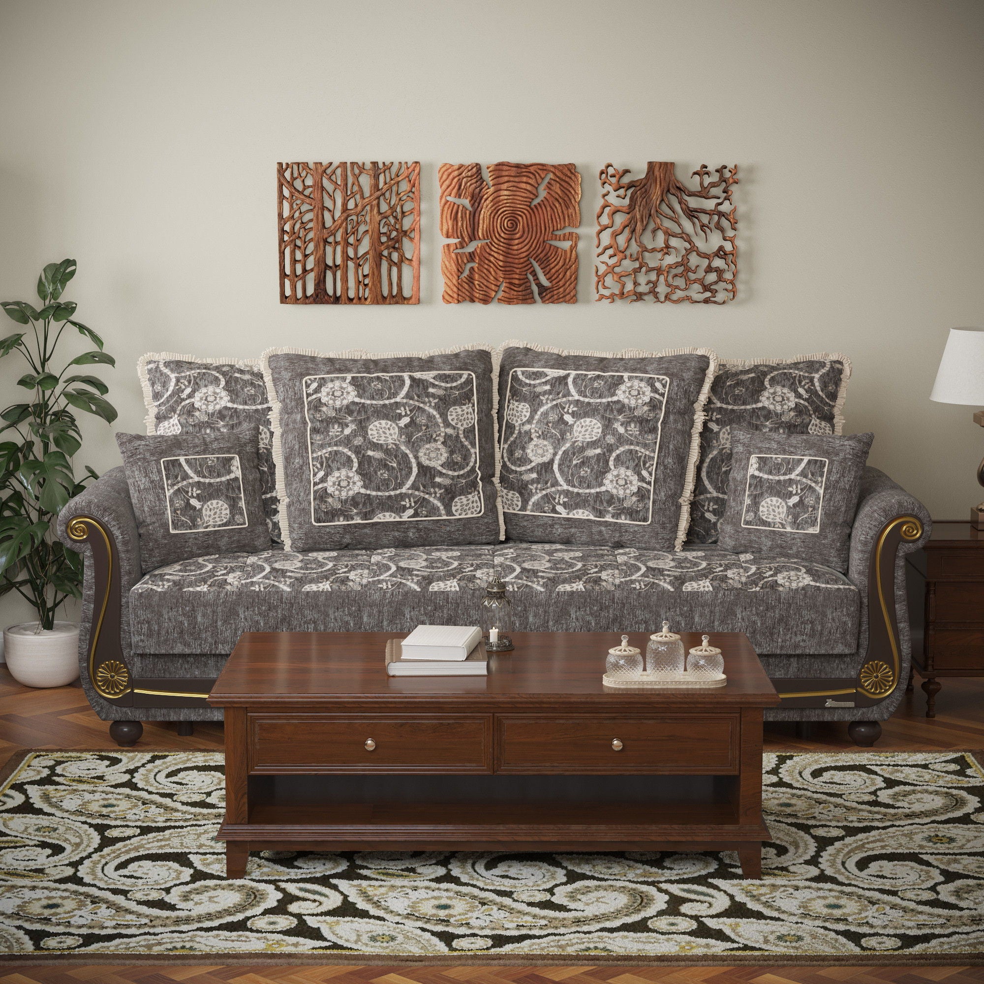 Chenille Paisley Sleeper Sofa And Toss Pillows - Gray