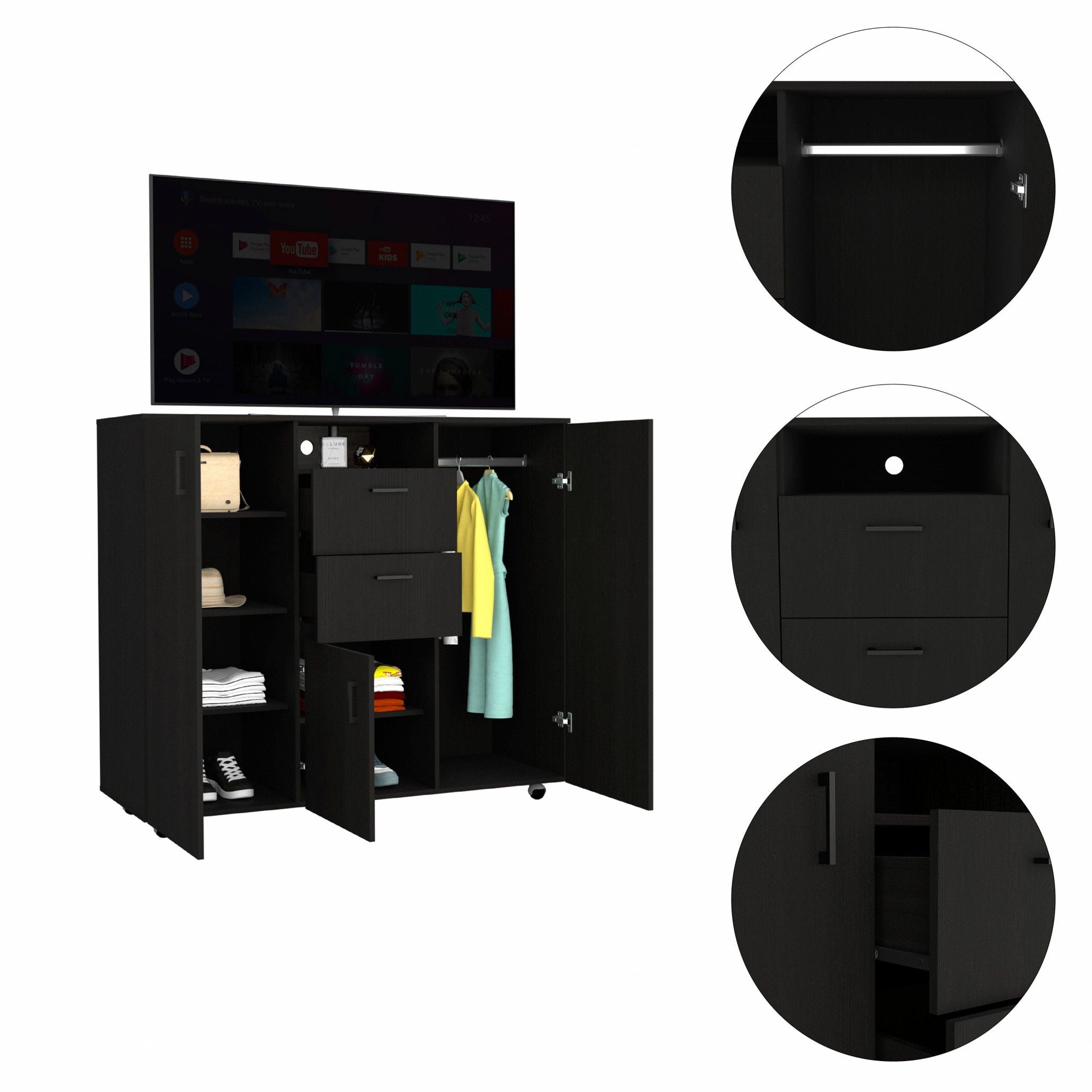 Three Door Closet With Two Drawers - Black