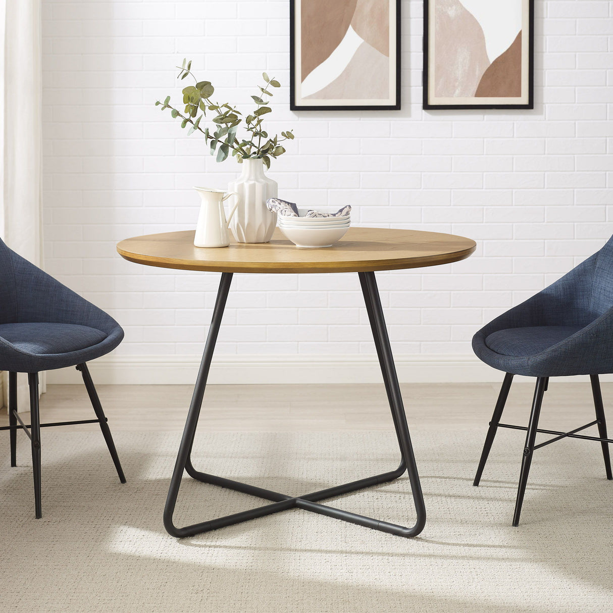 Modern Curved X Base Round Dining Table - English Ash by Walker Edison | Bel Furniture