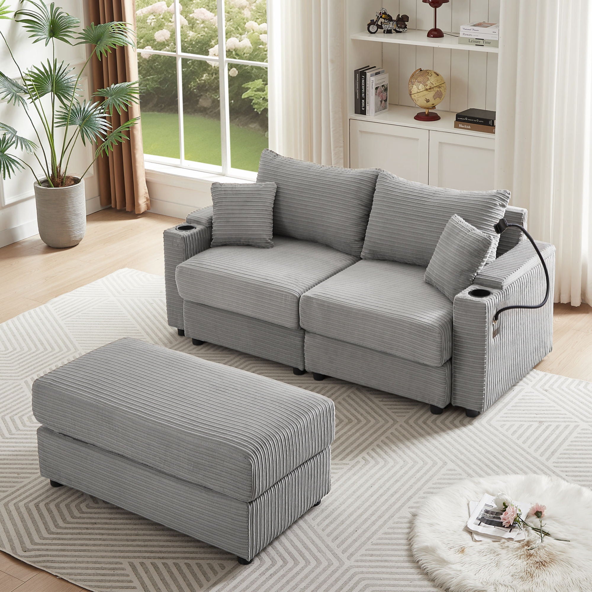 Modern Style Loveseat Sofa Sectional Sofa Couch With Storage Space, A Movable Ottoman, Two USB Ports, Two Cup Holders, A Phone Holder For Living Room