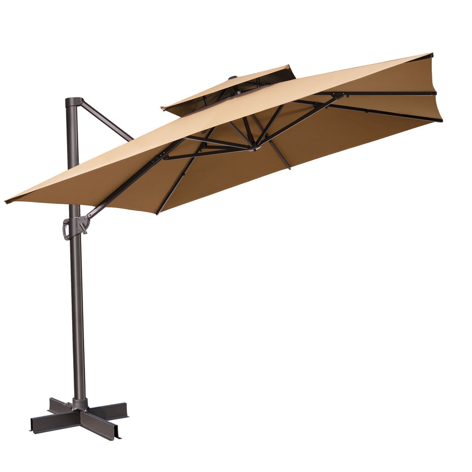 Polyester Square Tilt Cantilever Patio Umbrella With Stand - Tan