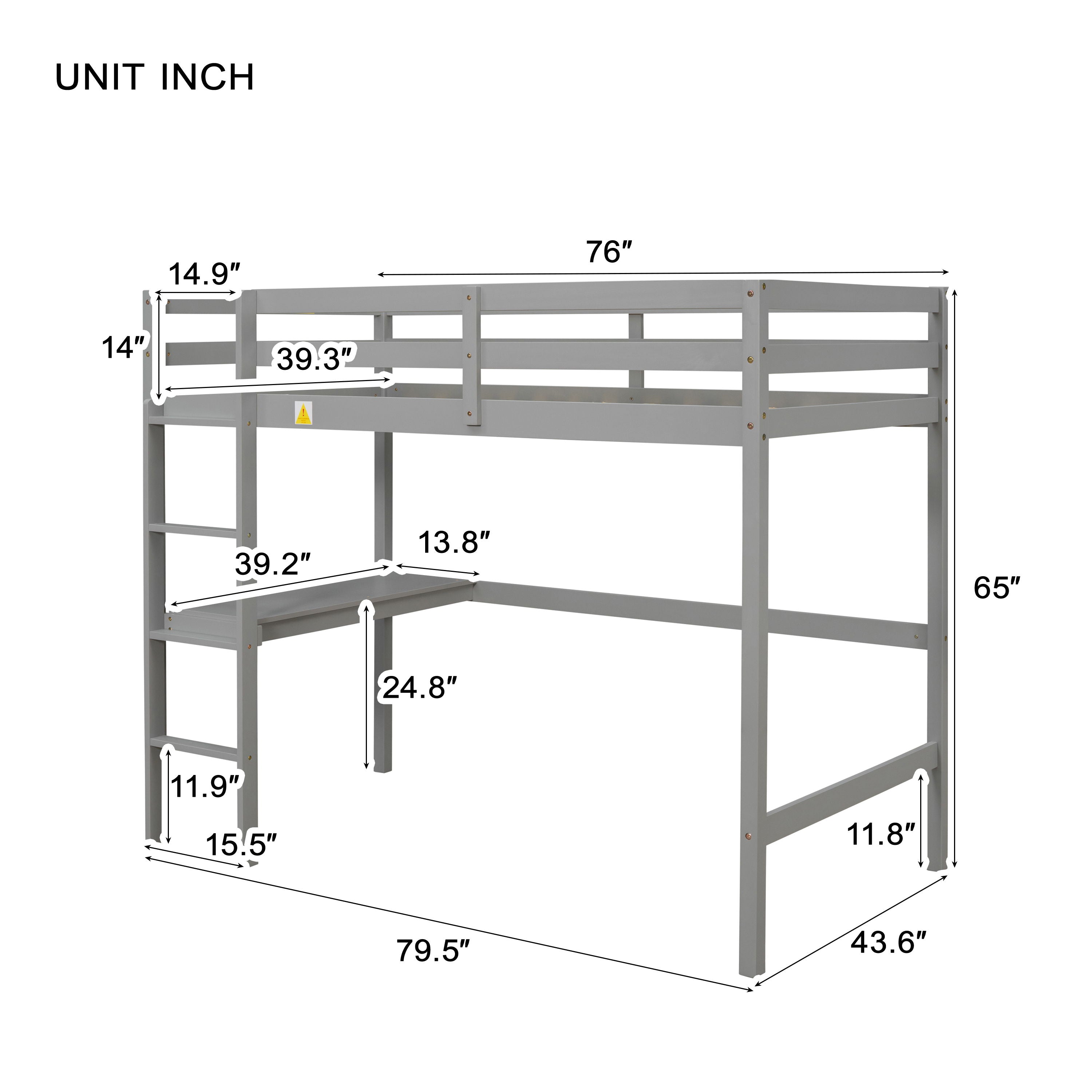 Loft Pine Wood Bed With Built-In Desk, Safety Guardrails, Ladder