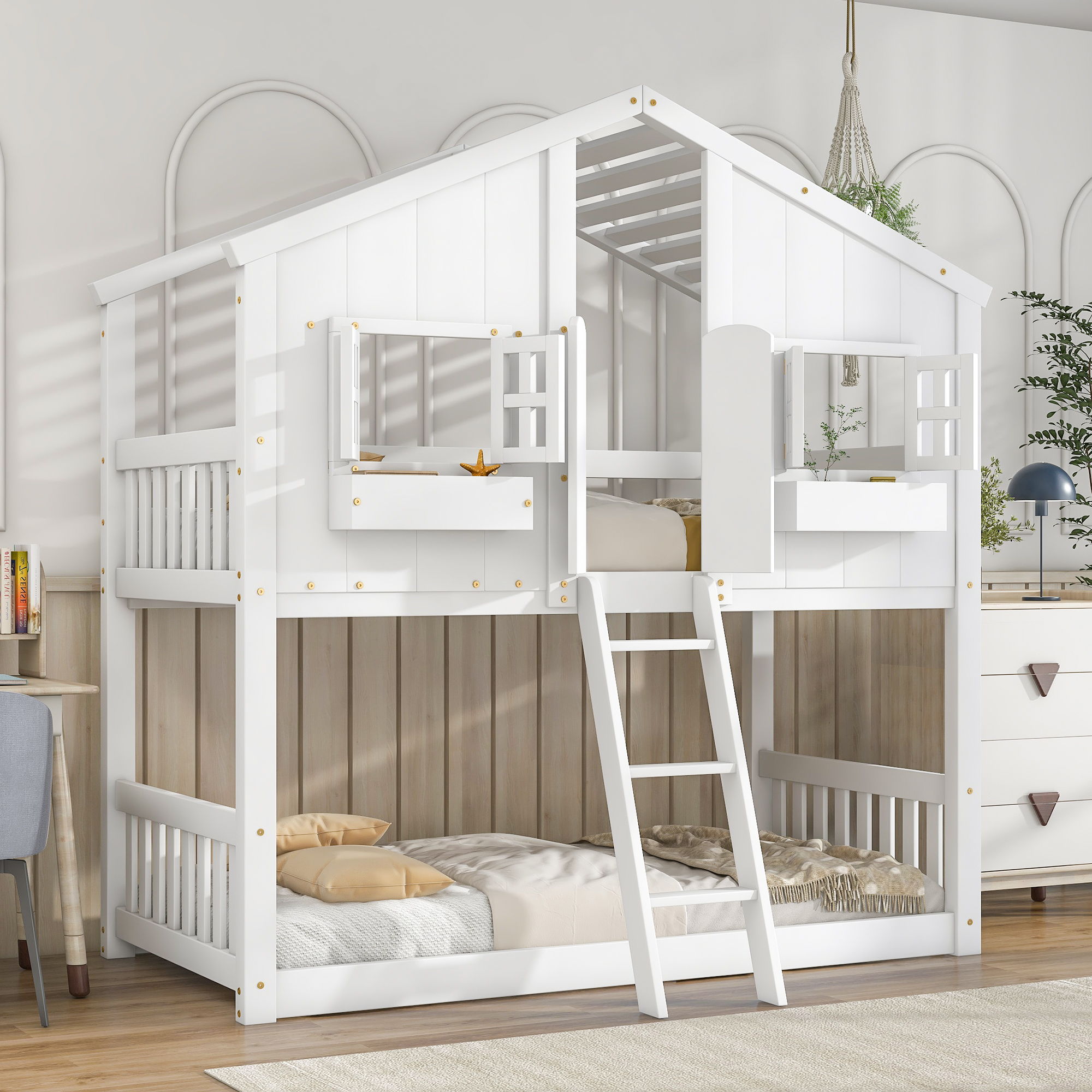 House Bunk Bed With Roof, Window, Window Box, Door, With Safety Guardrails And Ladder