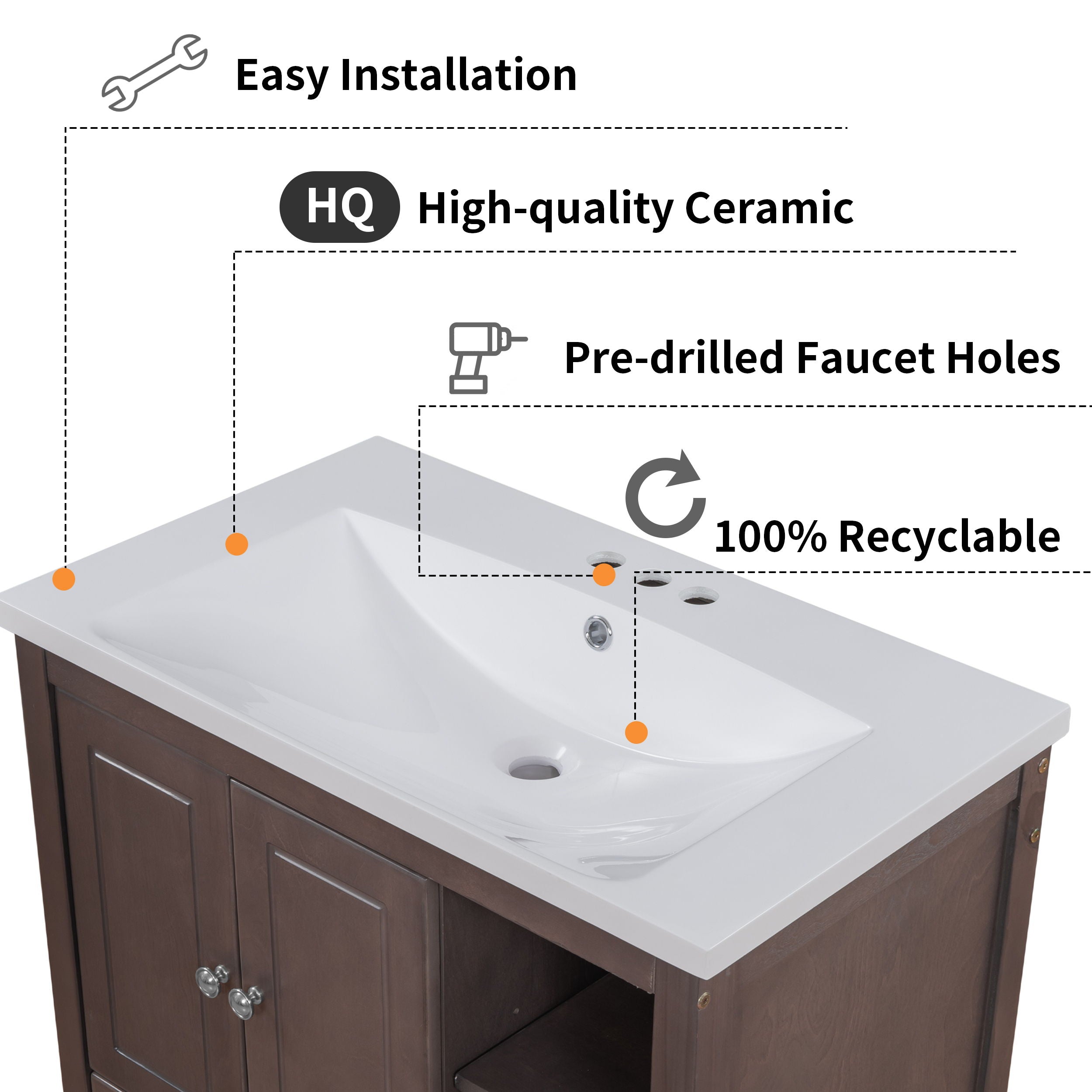 Bathroom Vanity With Sink, Bathroom Storage Cabinet With Doors And Drawers, Solid Wood Frame, Ceramic Sink