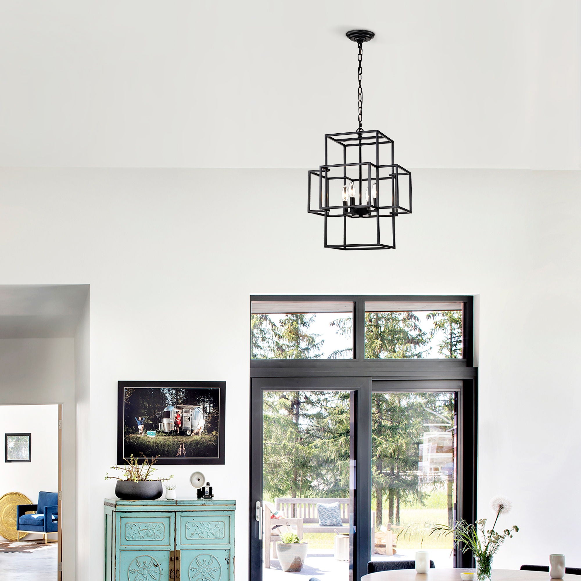 4 Light Metal Lantern Tiered Pendant Hanging Light Fixtures, Industrial Farmhouse Adjustable Height Chandeliers For Dining Room Hallway Foyer Entryway (E12 Bulbs Not Included)