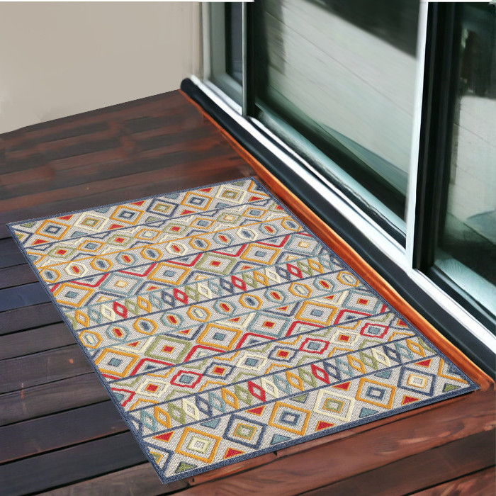 2' X 4' Southwestern Stain Resistant Indoor / Outdoor Area Rug - Ivory / Blue