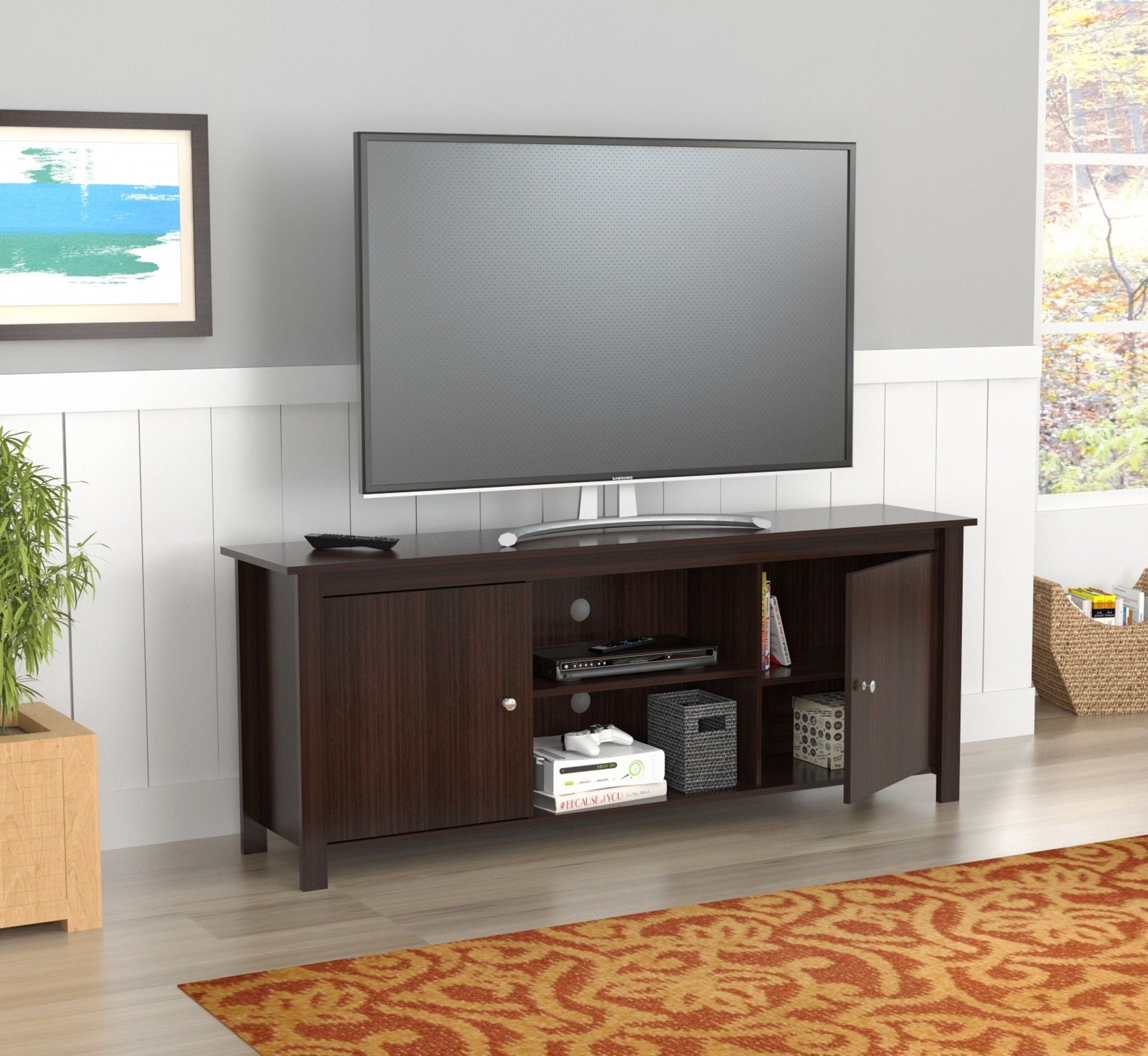 Wood And Metal Cabinet Enclosed Storage Mirrored TV Stand - Dark Brown