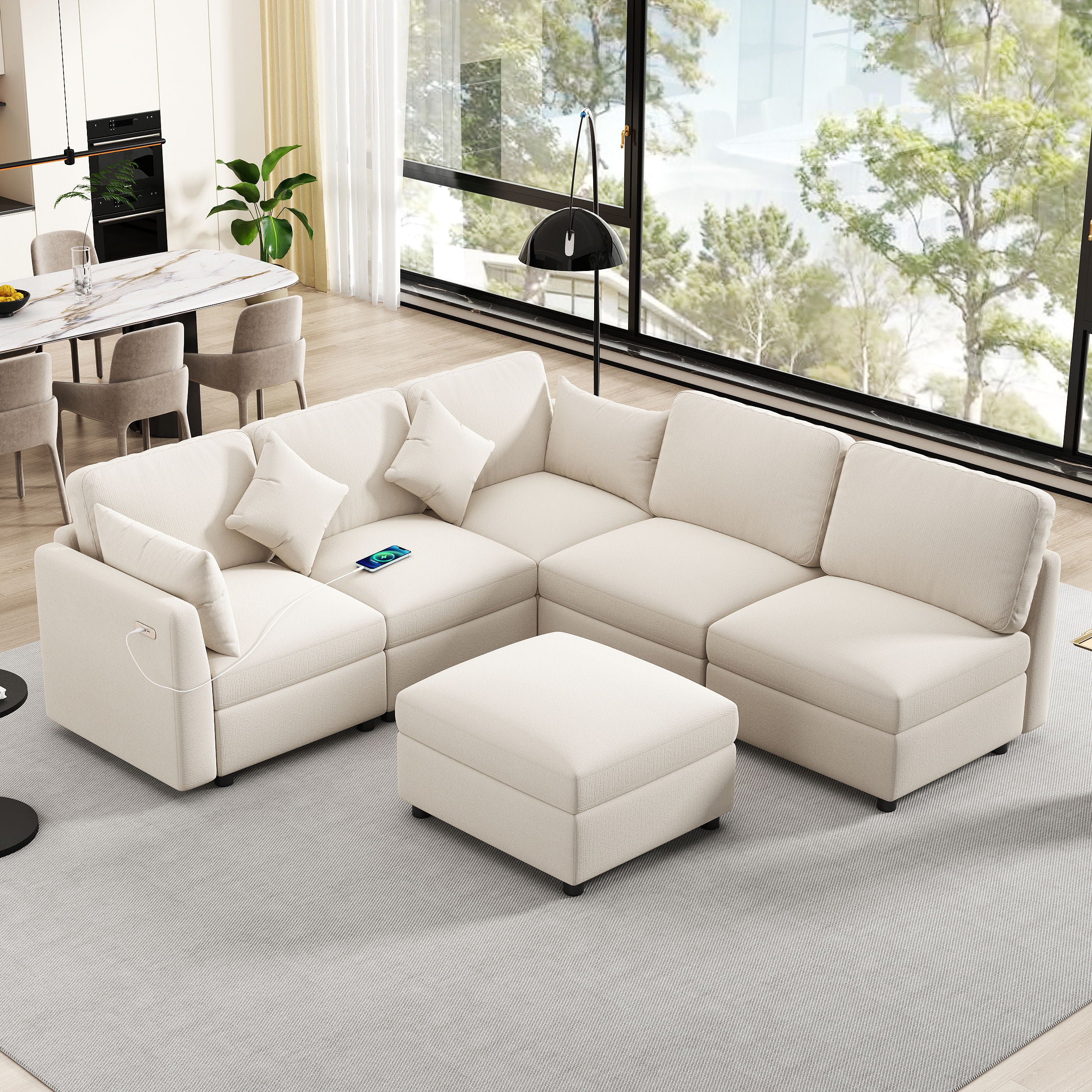 Sectional Sofa Modular Sofa U - Shaped Sofa Couch Sofa Bed L - Shaped Sofa With A Movable Ottoman And Two USB Ports For Living Room