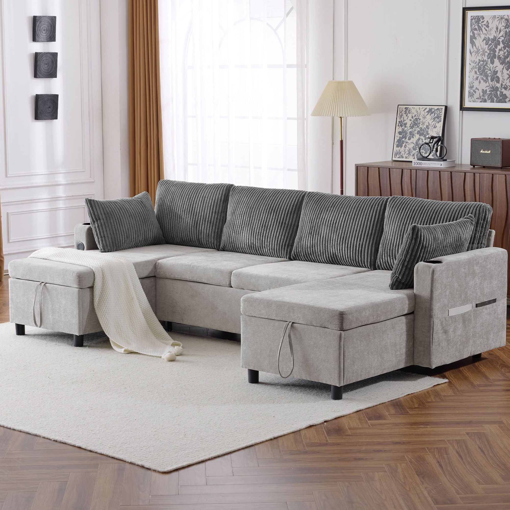 Sectional Sofa Pull Out Sofa Bed Versatile Sofa Sleeper With Large Storage Space, Two USB Ports And Two Cup Holders For Living Room