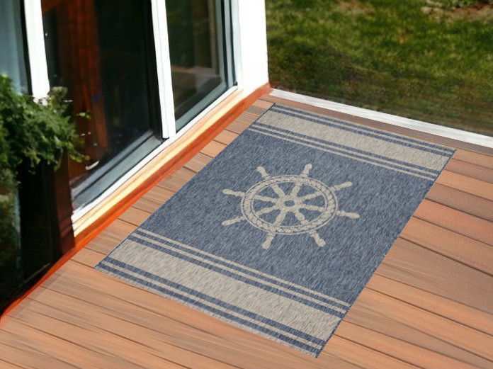 3' X 5' Captain'S Wheel Stain Resistant Indoor / Outdoor Area Rug - Blue / Gray