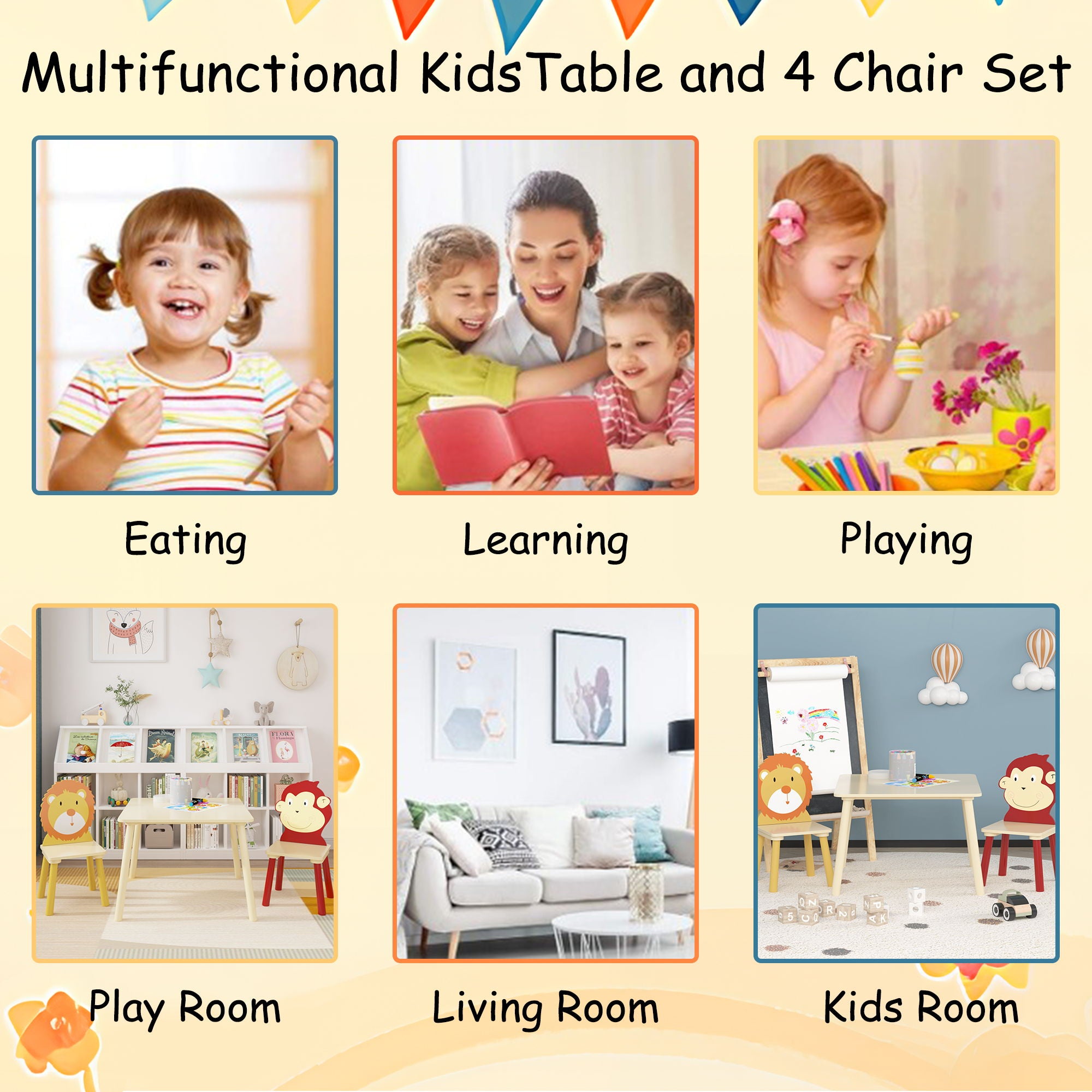 Kids Table And 2 Chairs Set, 3 Pieces Toddler Table And Chair Set, Wooden Activity Play Table Set (Lion&Monkey) - Natural