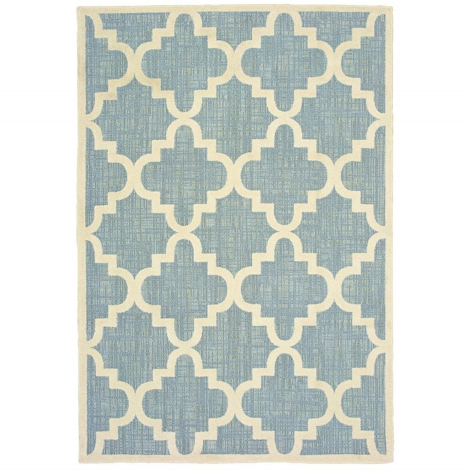 7' X 10' Moroccan Indoor / Outdoor Area Rug - Blue / Ivory