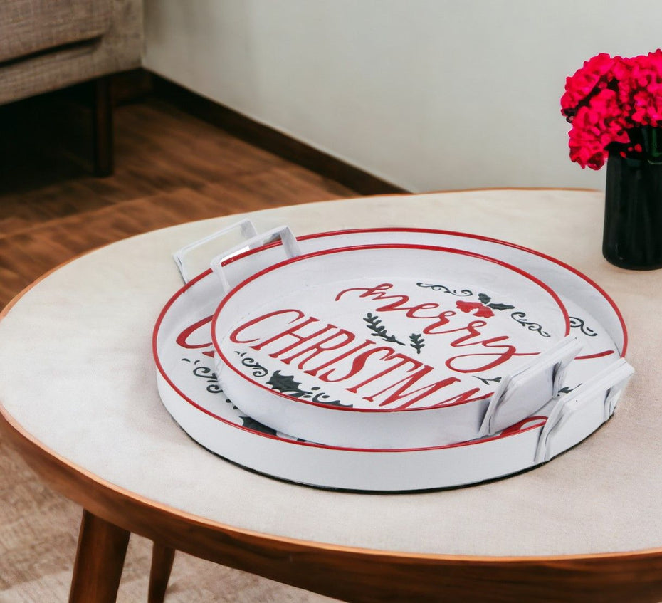 Round Metal Christmas Handmade Tray With Handles - White