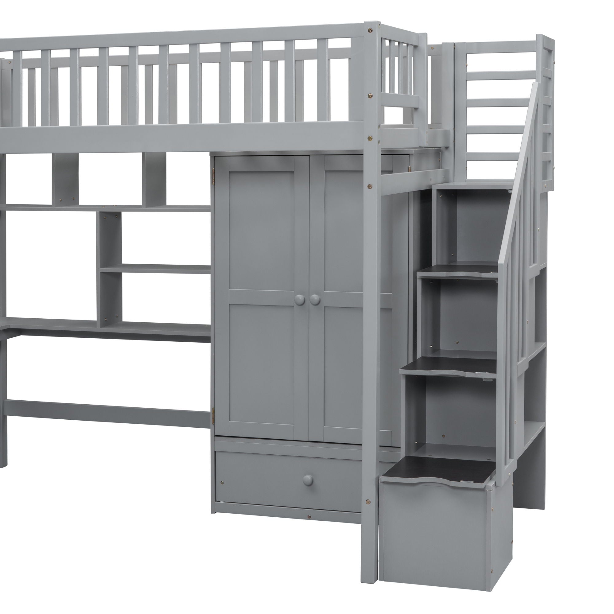 Twin Size Loft Bed With Bookshelf, Drawers, Desk, And Wardrobe - Gray