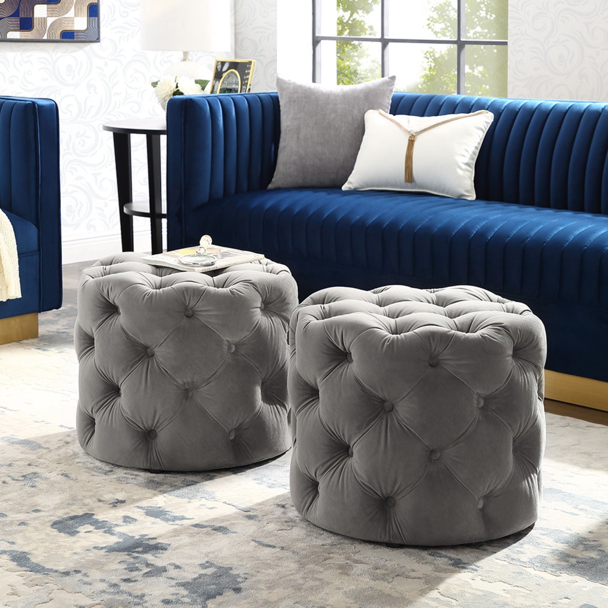 Velvet Tufted Round Ottoman - Gray