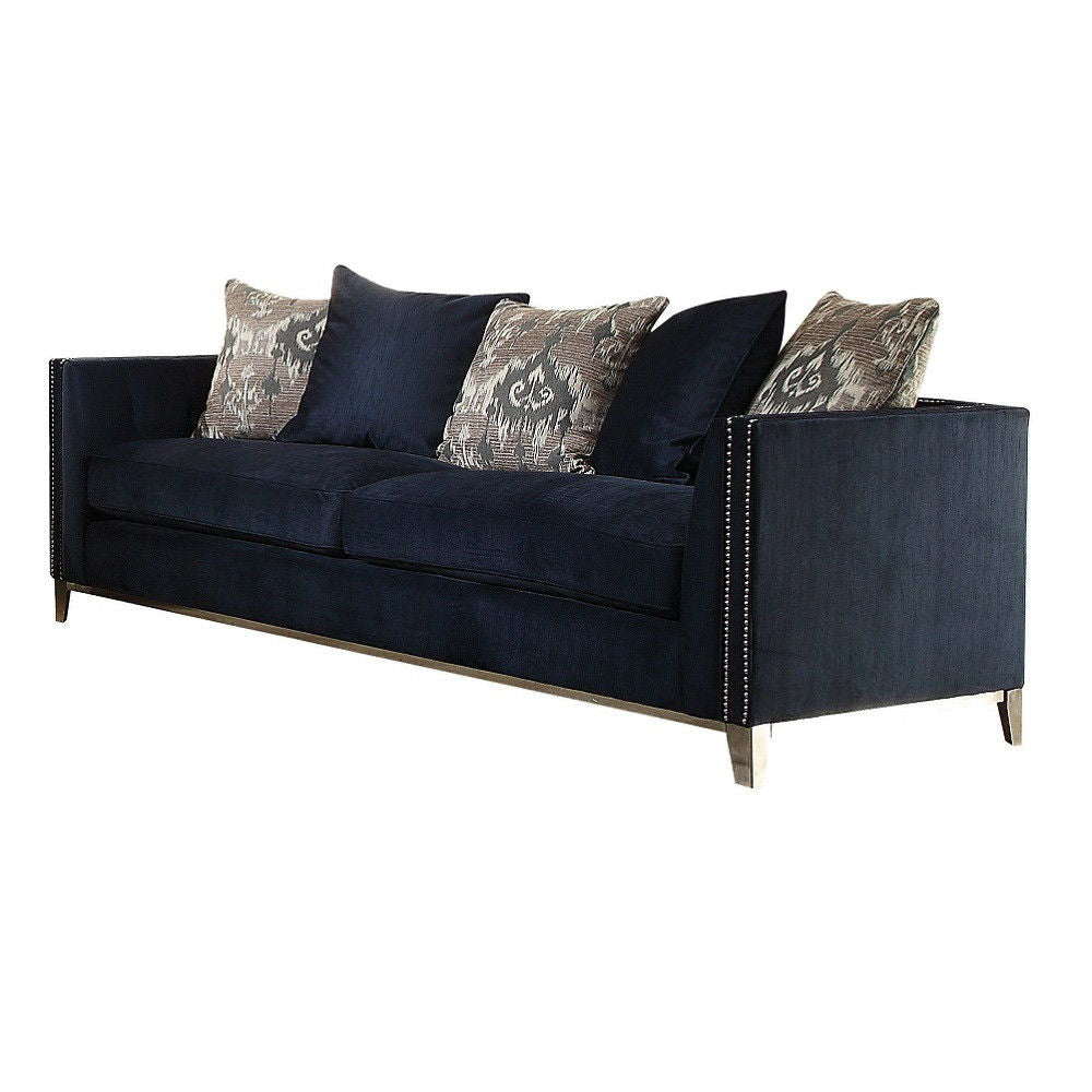 Velvet Sofa And Toss Pillows With Silver Legs - Blue