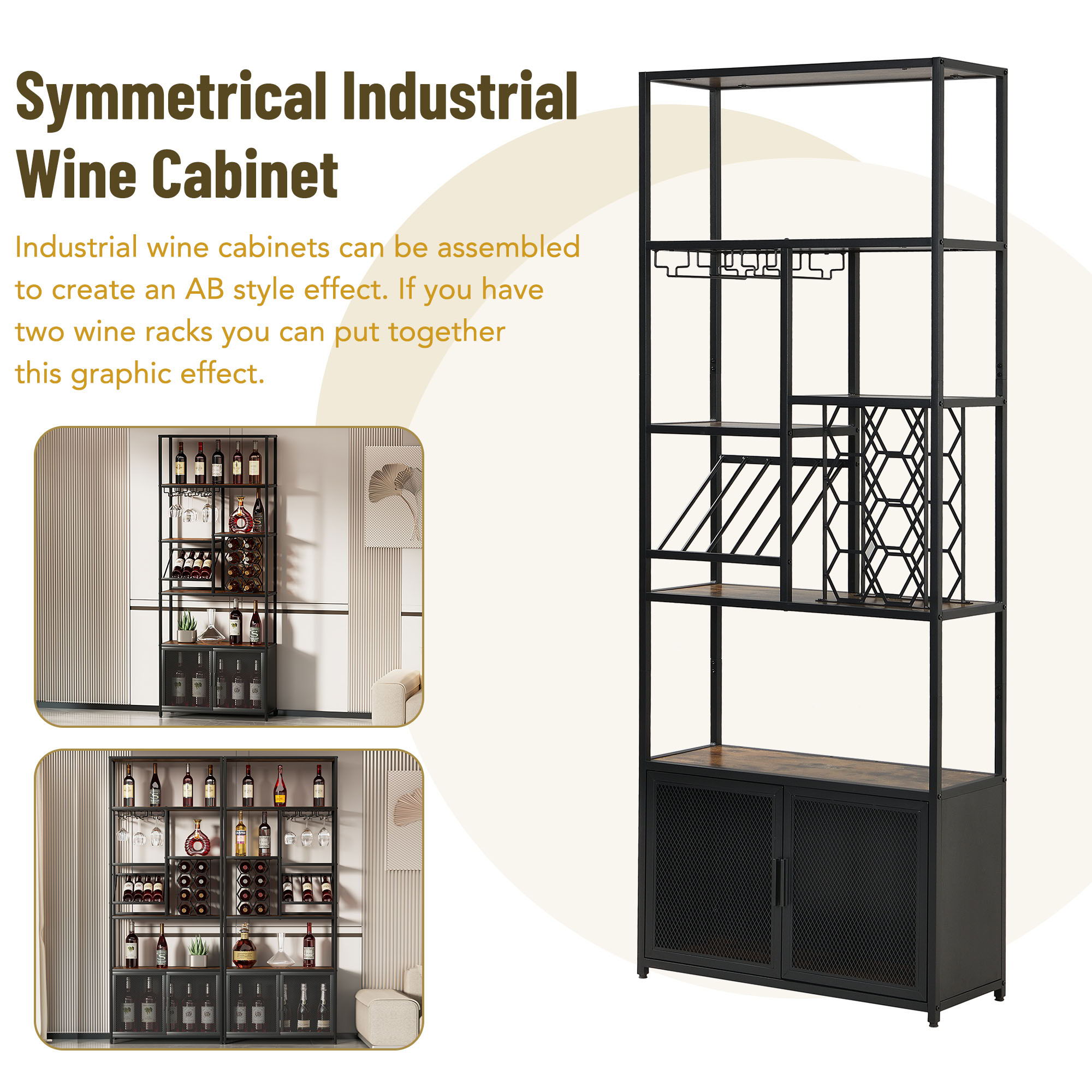 82.7" Industrial Standing Wine Rack With Glass Rack Tall Freestanding Floor Bar Cabinet - Walnut / Black