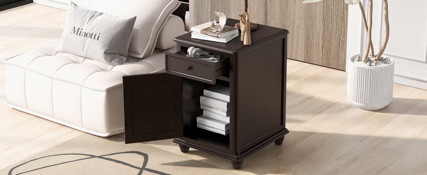 End Table With Solid Wood Legs, Side Table With USB Ports, 1 Storage Cabinet And 1 Drawer For Living Room