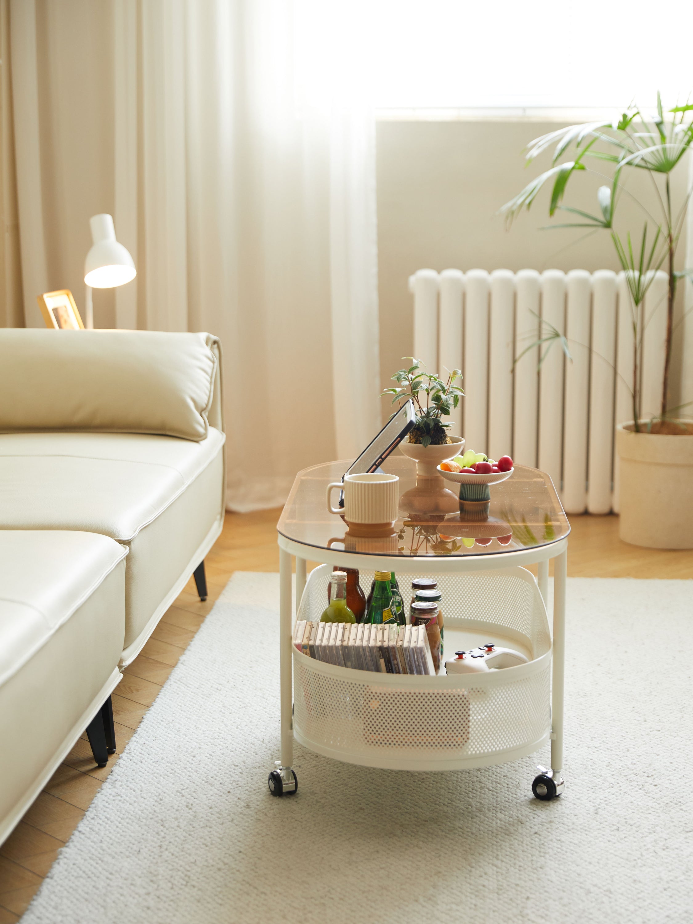 Movable Oval Metal Glass Coffee Table With Storage - White