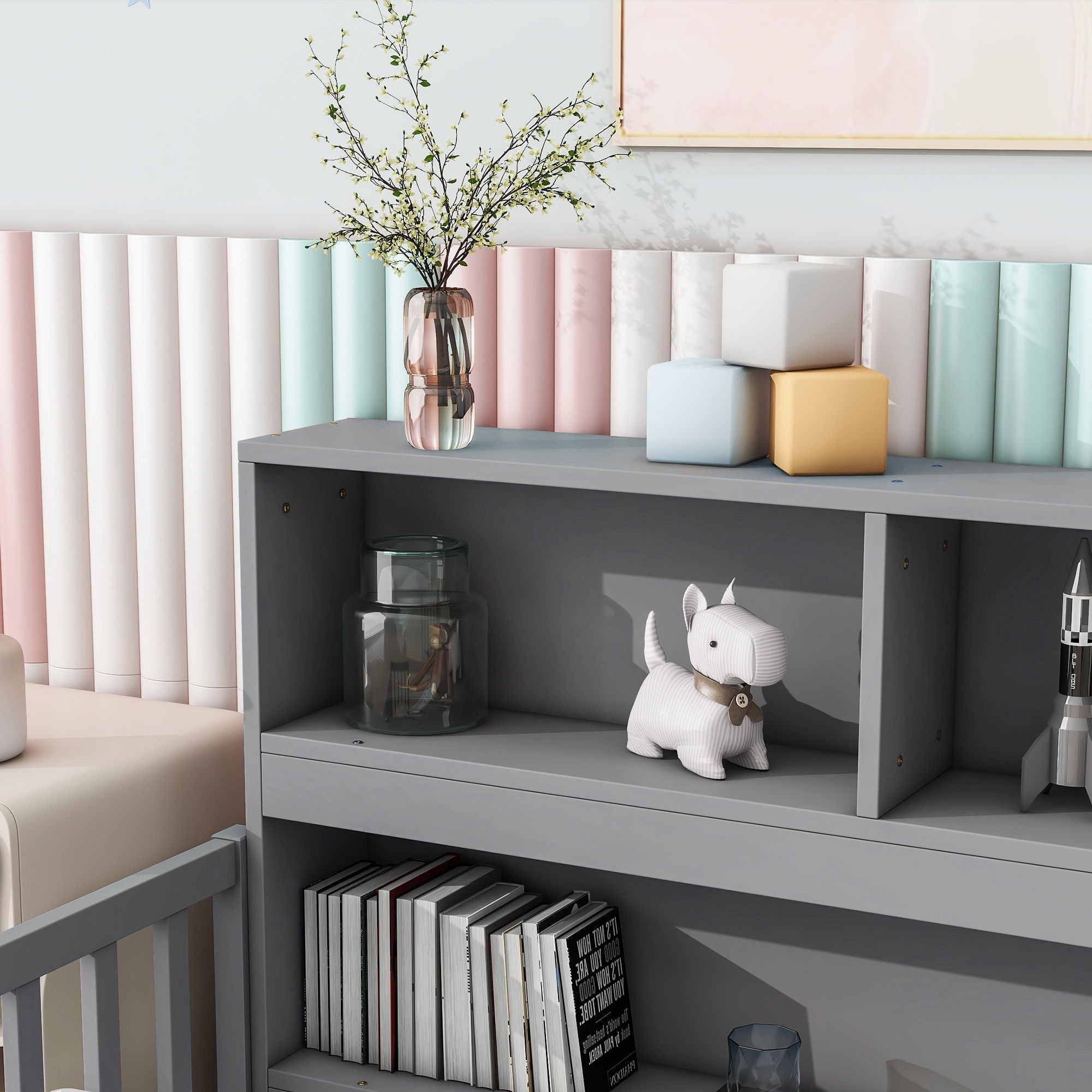 Floor Bed With Bedside Bookcase, Shelves, Guardrails