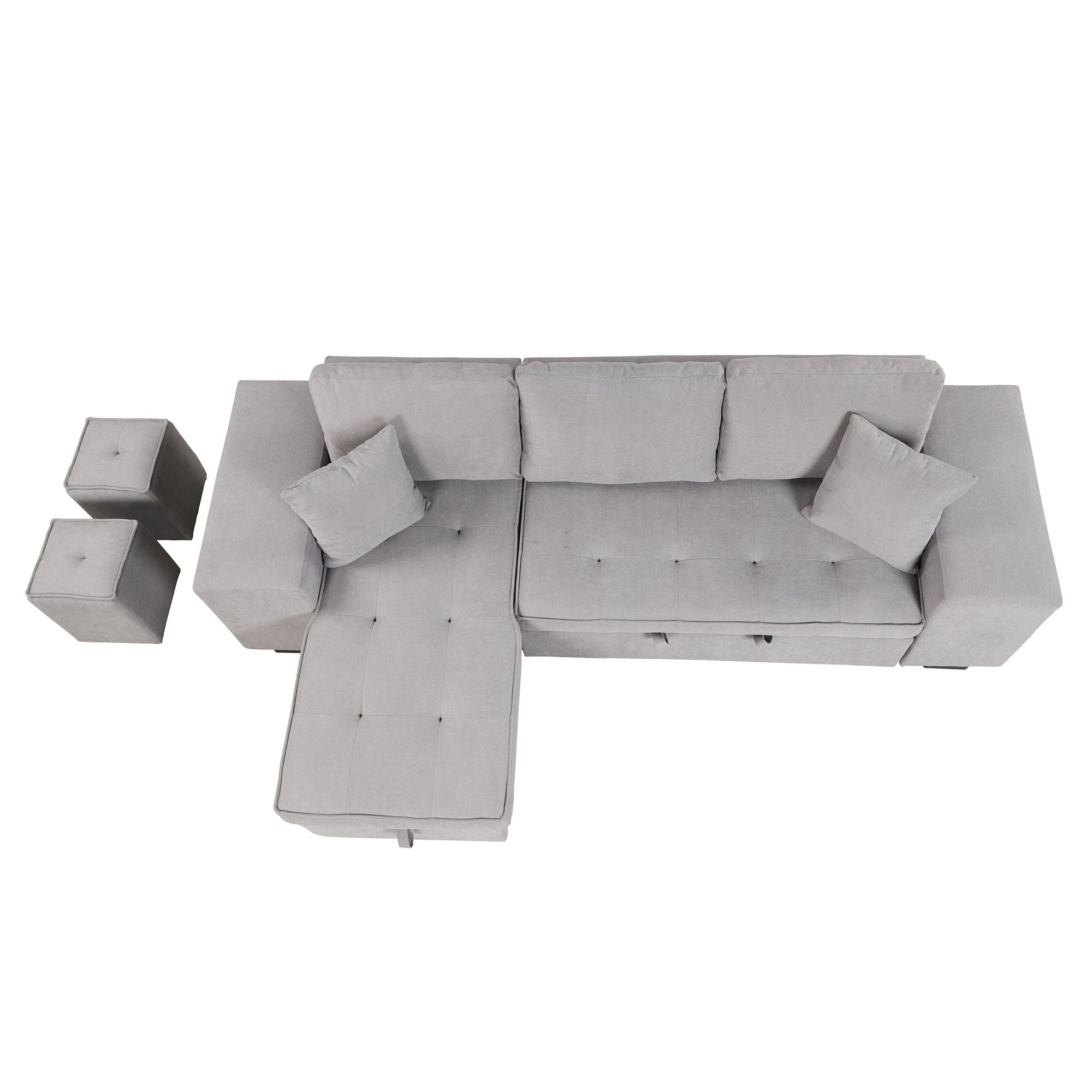 Pull Out Sleeper Sofa Reversible L-Shape 3 Seat Sectional Couch With Storage Chaise And 2 Stools For Living Room Furniture Set - Gray