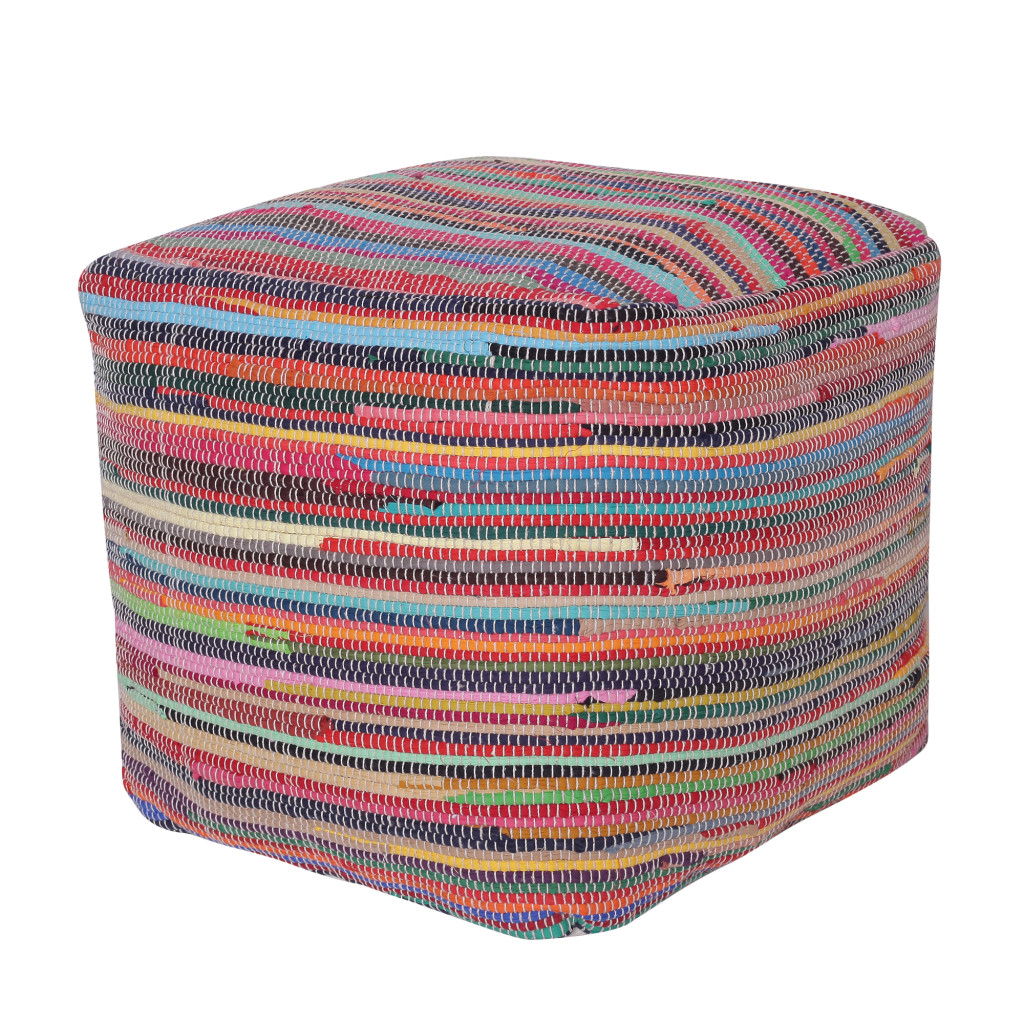 Cotton Cube Striped Pouf Ottoman - Red