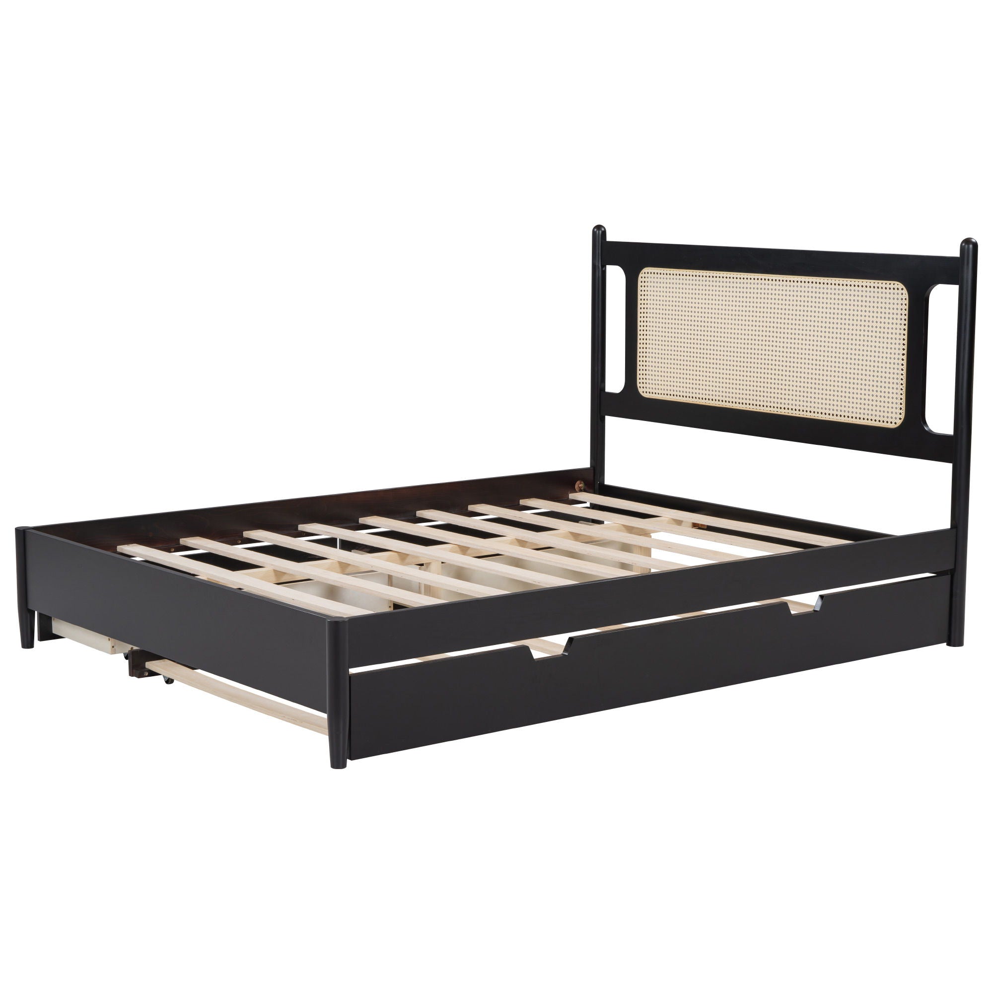 Wooden Rattan Platform Bed, With 2 Big Drawers & Trundle