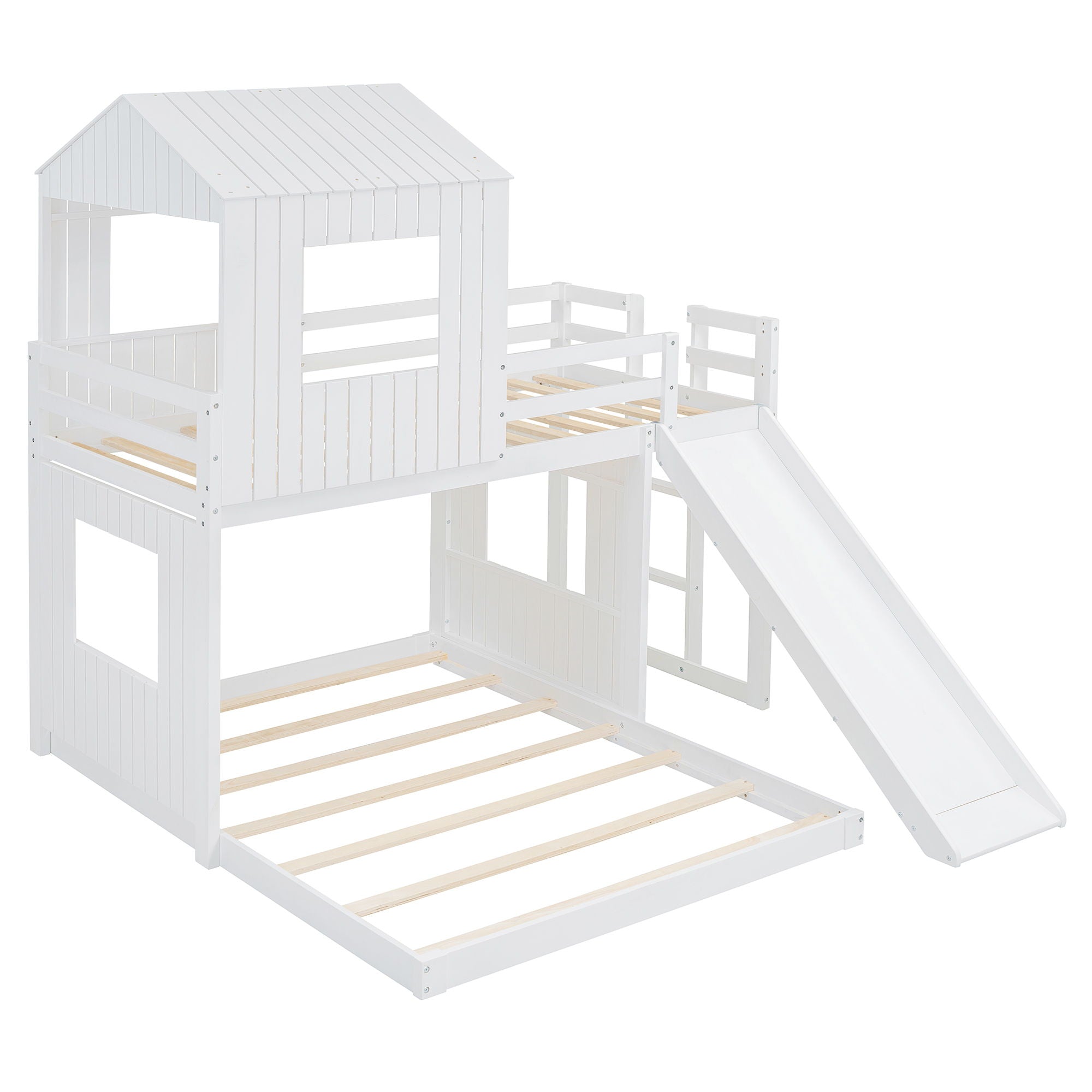 Wooden Twin Over Full Bunk Bed, Loft Bed With Playhouse, Farmhouse, Ladder, Slide And Guardrails - White