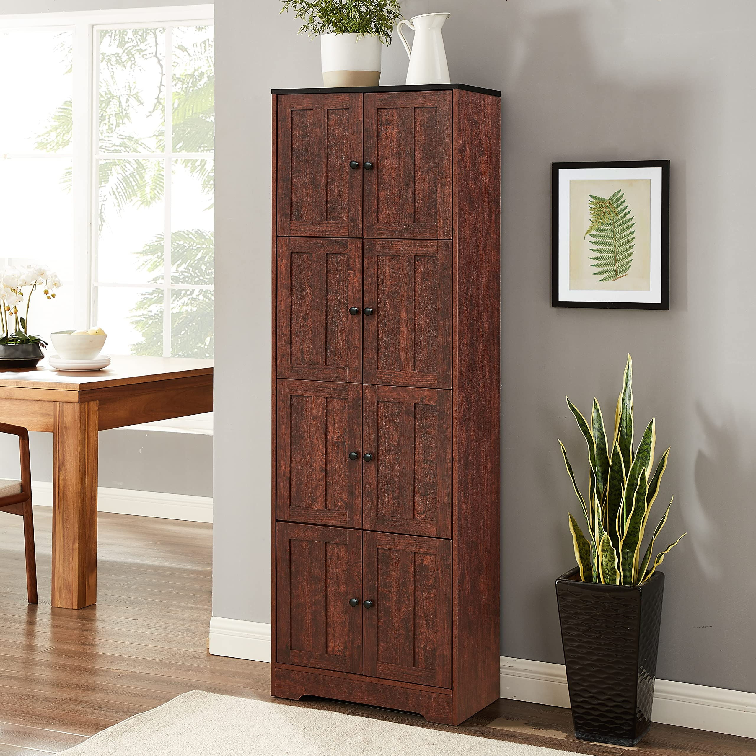 Tall Storage Cabinet With 8 Doors And 4 Shelves, Wall Storage Cabinet For Living Room, Kitchen, Office, Bedroom, Bathroom