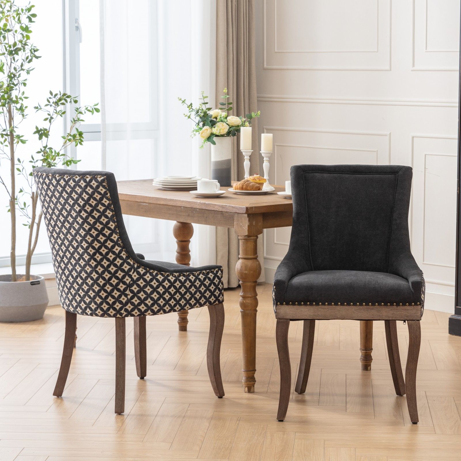 Ultra Side Dining Chair, Thickened Fabric Chairs With Neutrally Toned Solid Wood Legs, Bronze Nail Head (Set of 2)