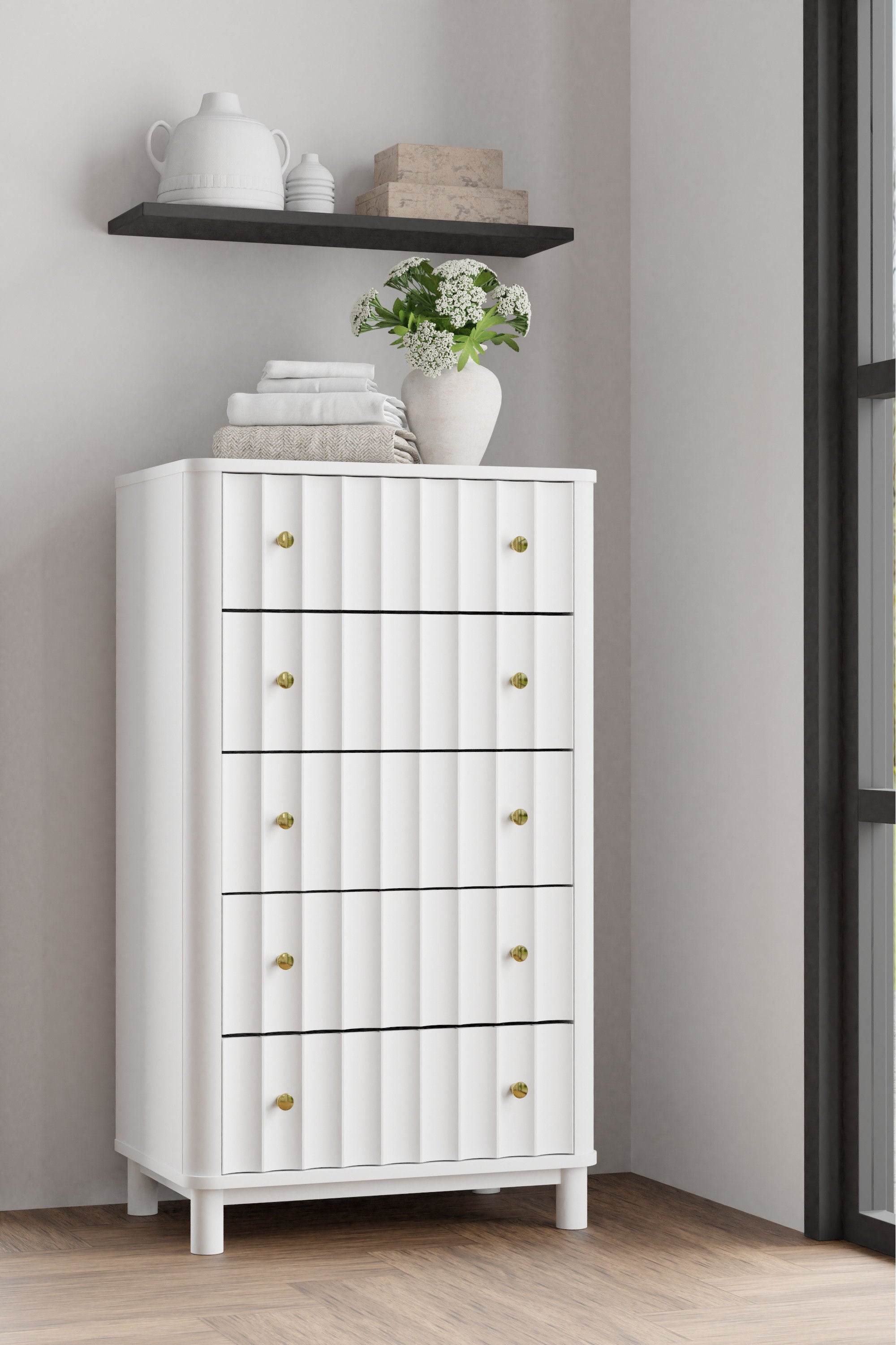 Solid Wood 5 Drawer Chest - White