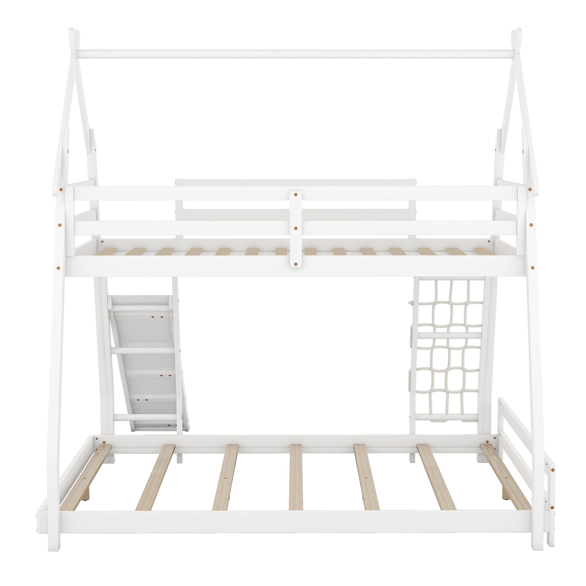 Twin Over Queen House Bunk Bed With Climbing Nets And Climbing Ramp