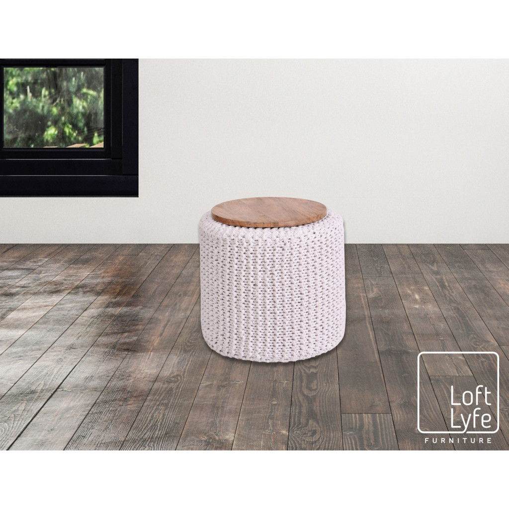 Cotton Blend Round Pouf Ottoman - White