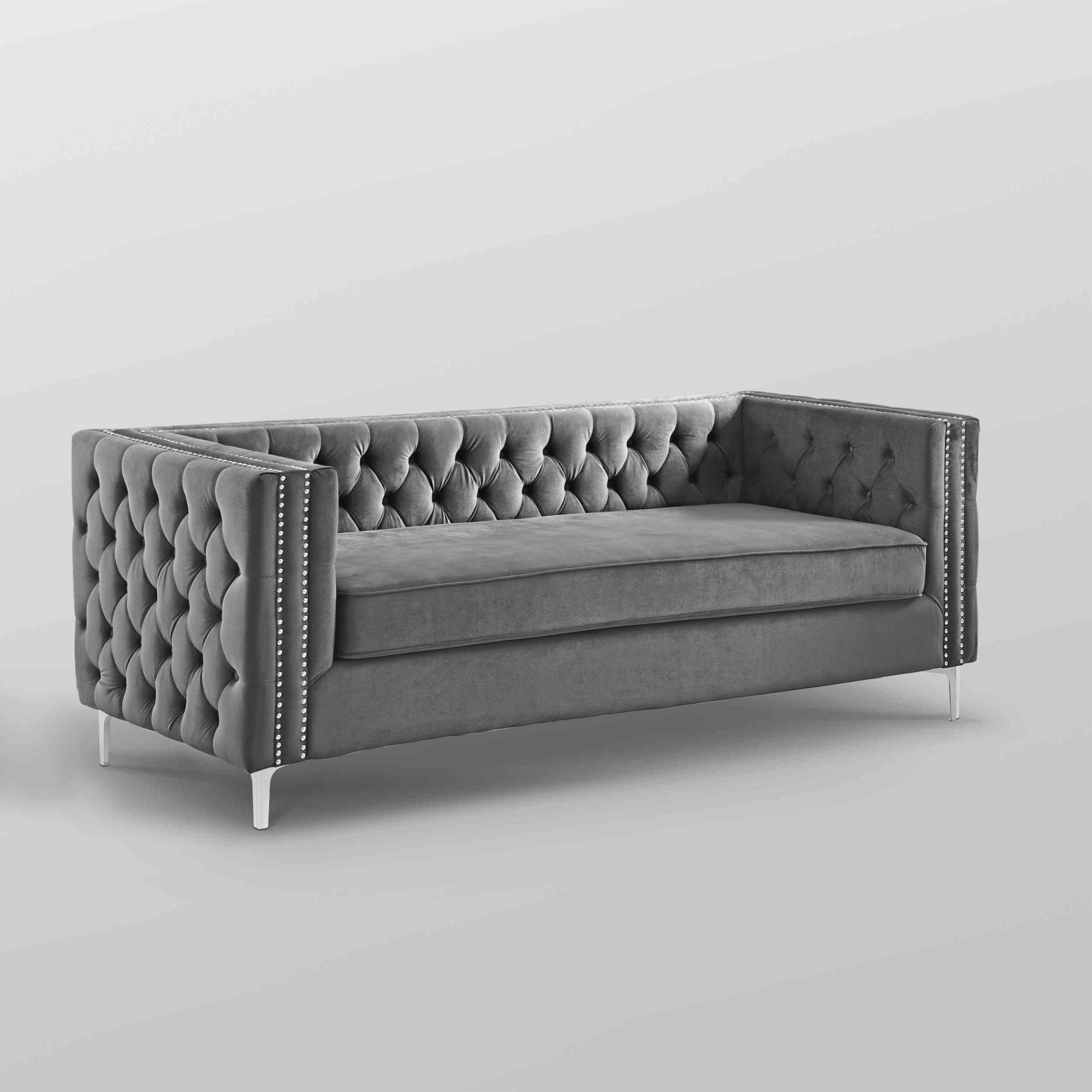 Velvet Sofa With Silver Legs - Gray