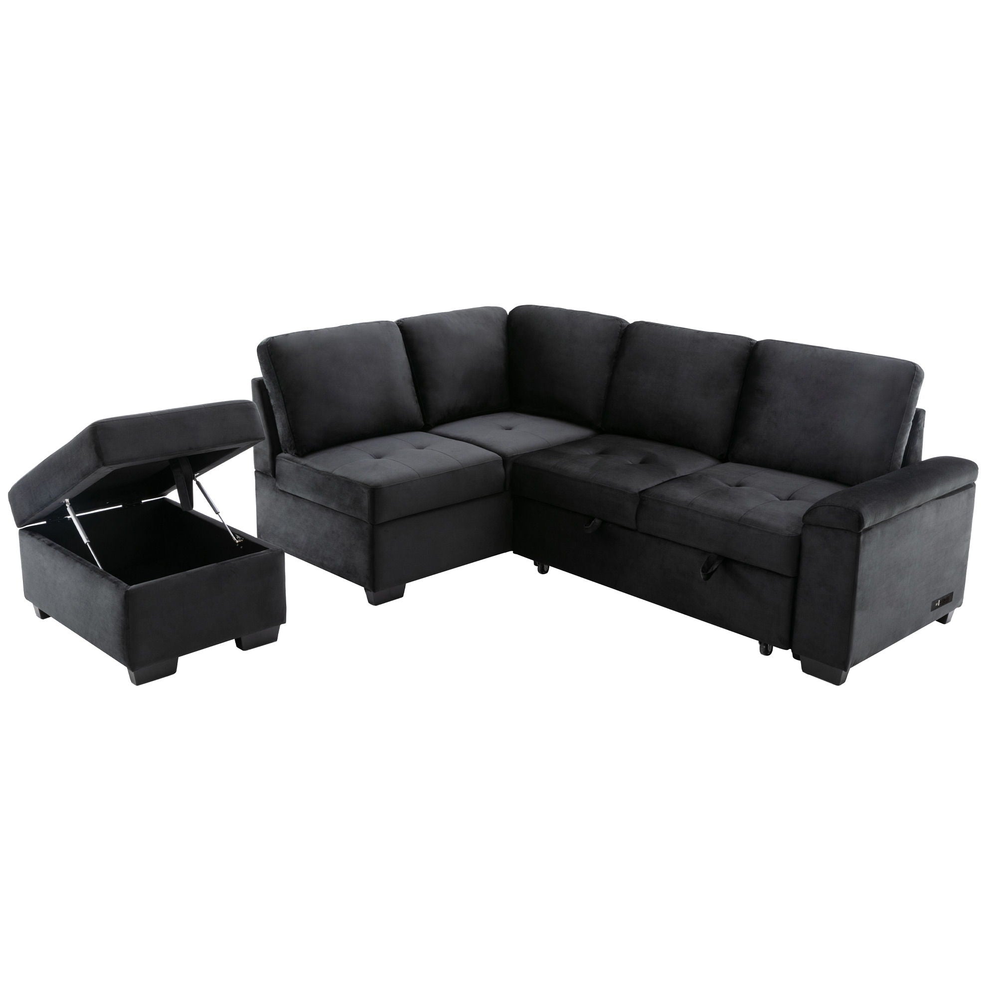 Sleeper Sectional Sofa, L-Shape Corner Couch Sofa Bed With Storage Ottoman & Hidden Arm Storage & USB Charge For Living Room Apartment