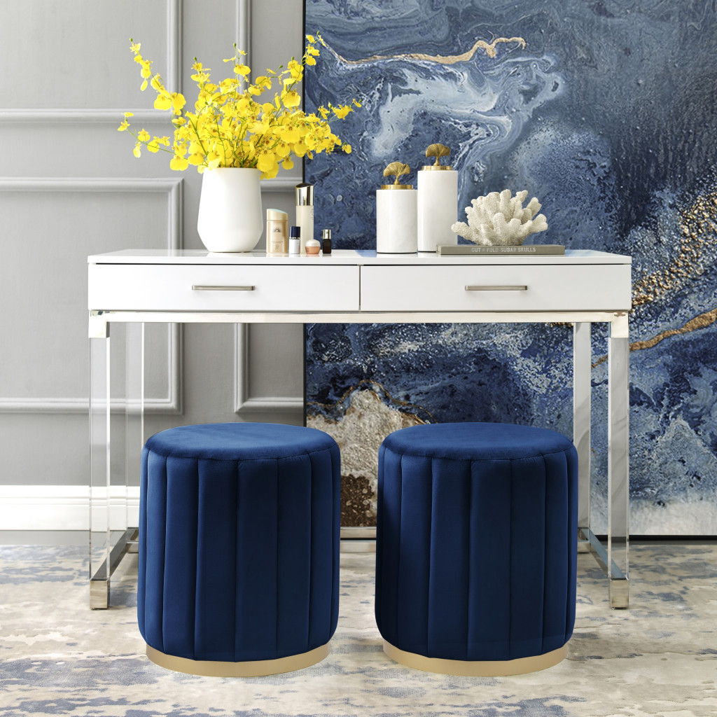 Velvet Round Ottoman - Navy Blue / Gold