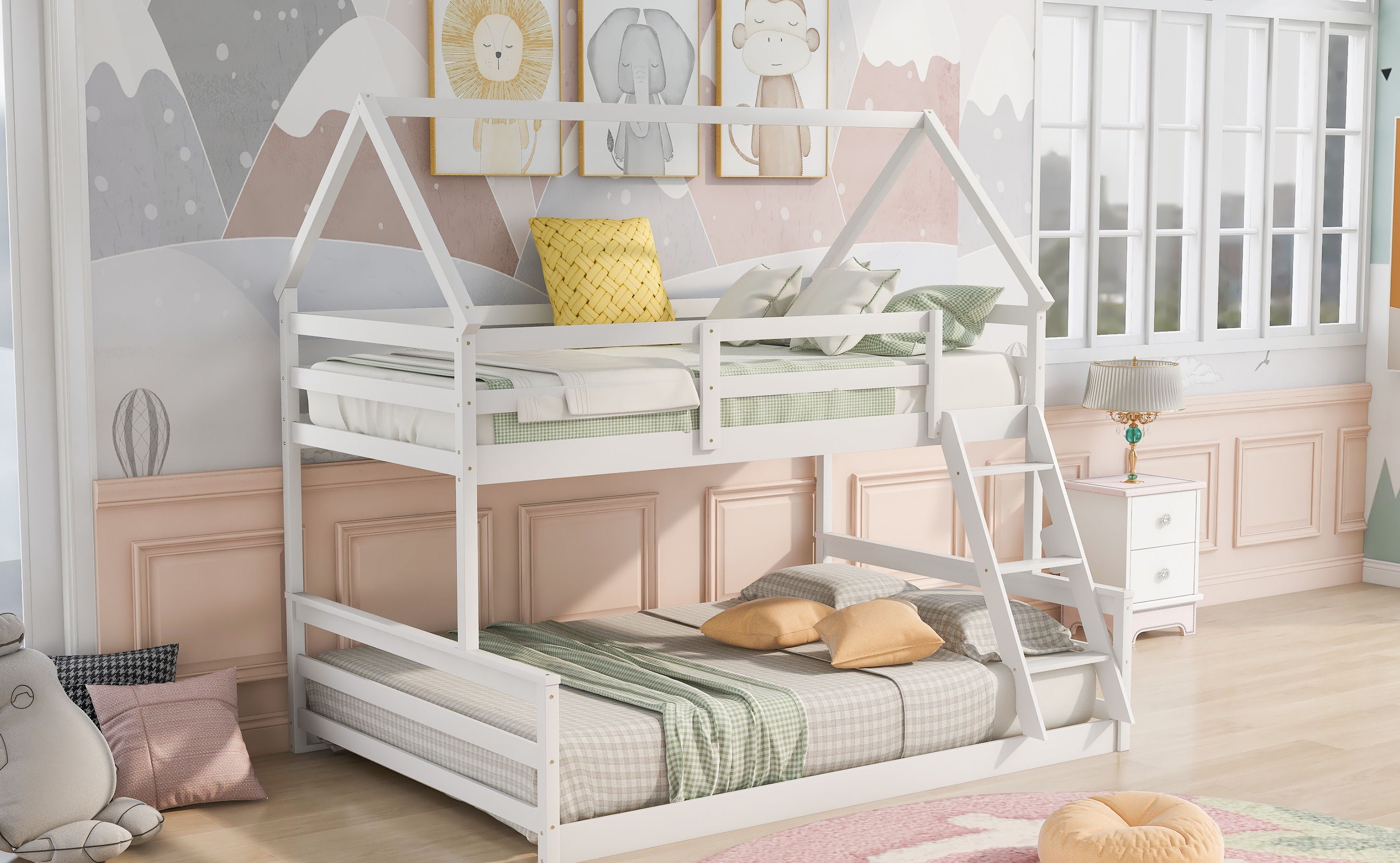 Twin Over Full House Bunk Bed With Built-In Ladder