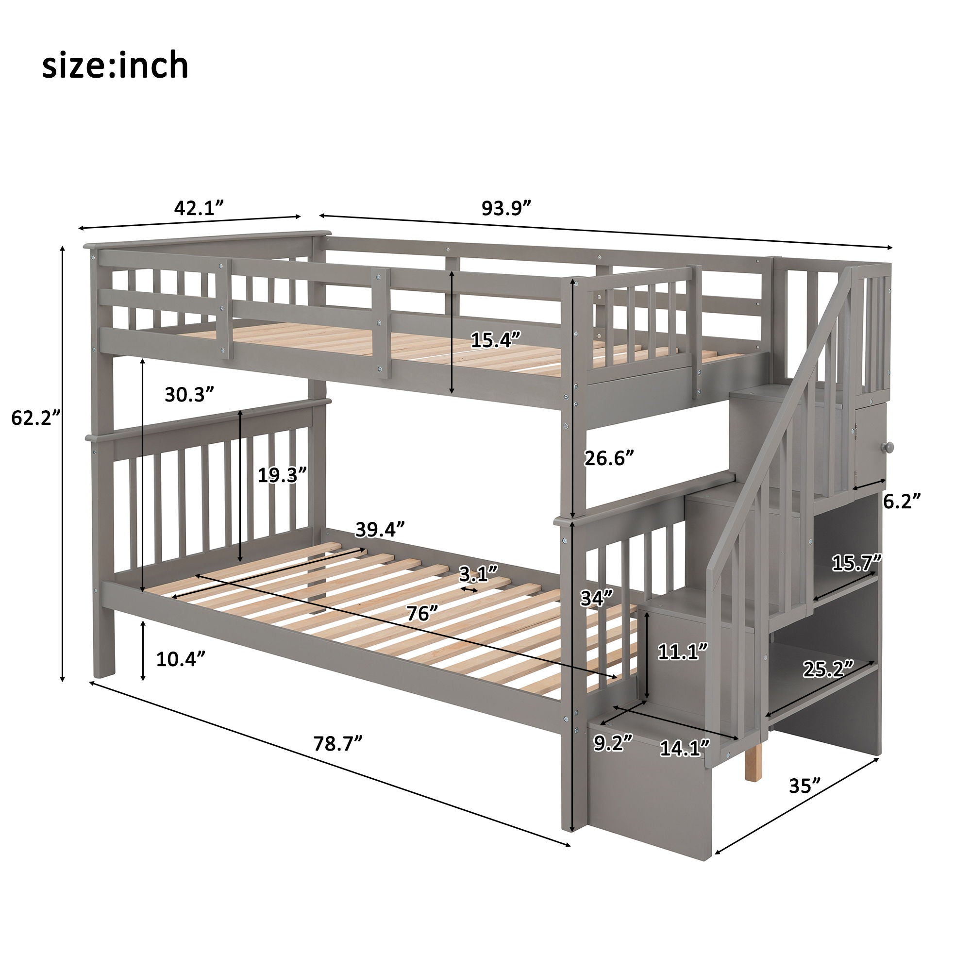 Stairway Bunk Bed With Storage And Guard Rail For Bedroom, Dorm