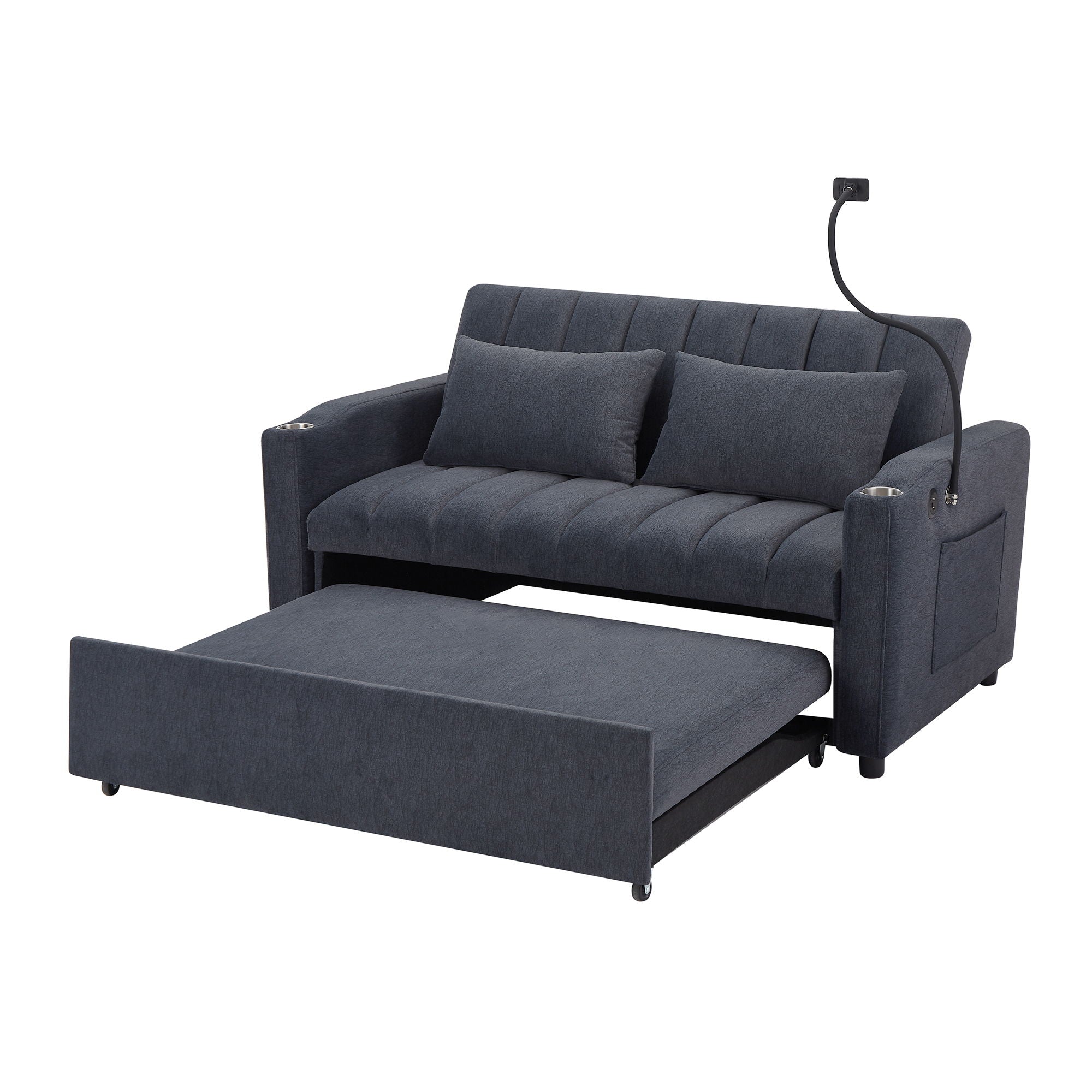 Convertible Sofa Bed Loveseat Sofa With Three USB Ports, Two Side Pockets, Two Cup Holders And 360° swivel Phone Holder For Living Room