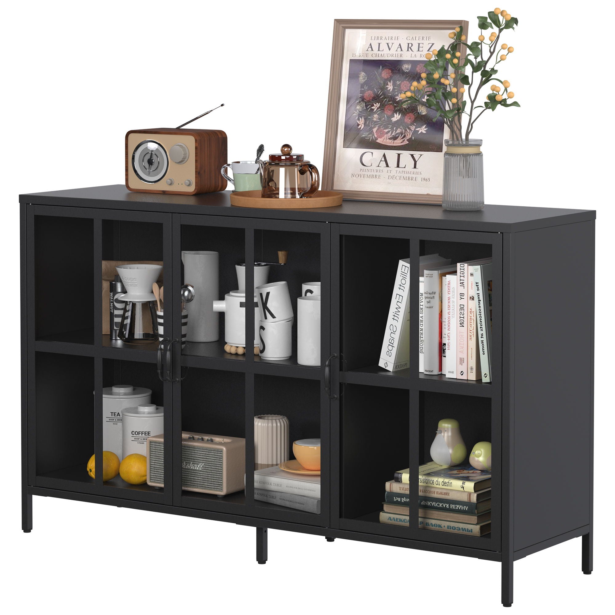 Heavy Duty Metal Modern Sideboard Buffet Cabinet With Storage Premium Steel Storage Cabinet, Adjustable Feet, Glass Doors, Large Capacity Organizer