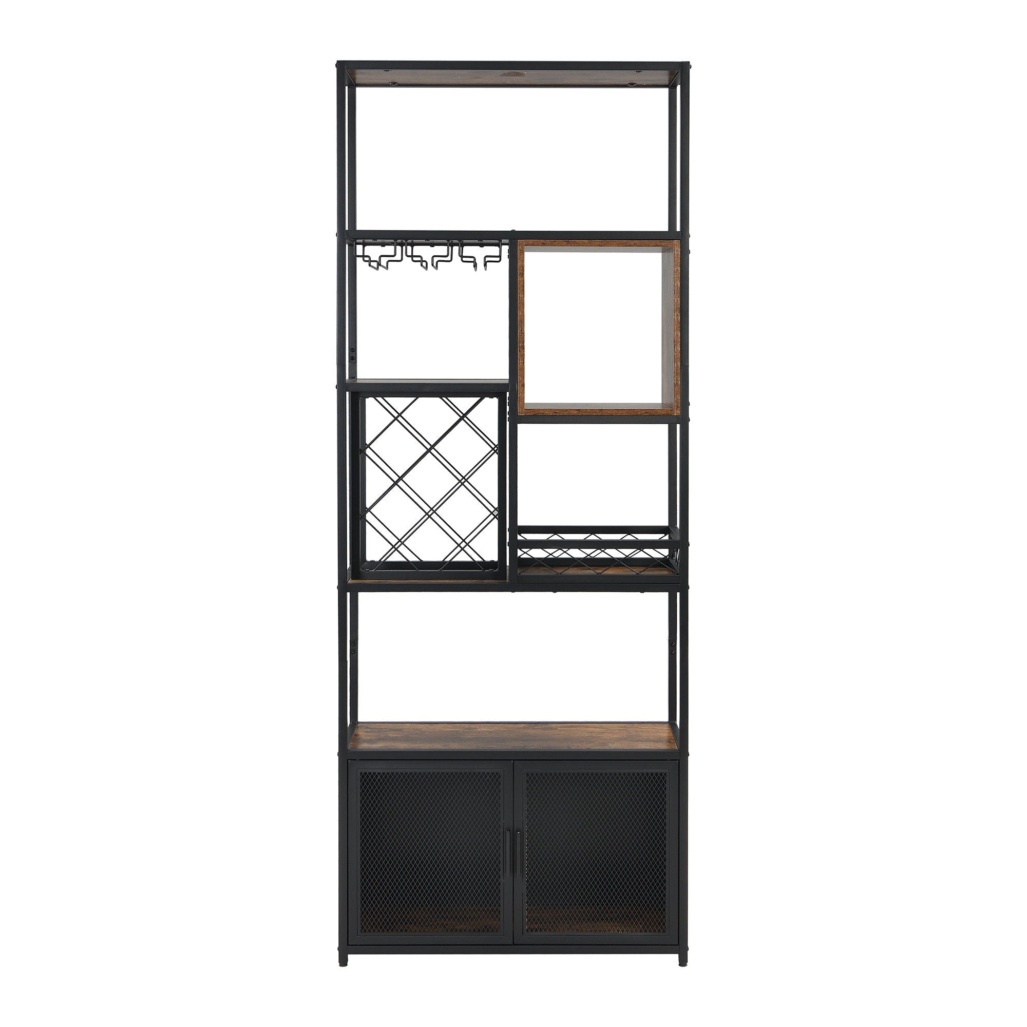 Industrial Tall Black Bar Wine Rack Cabinet With Glass Holder Wood Home Bar Cabinet - Walnut / Black