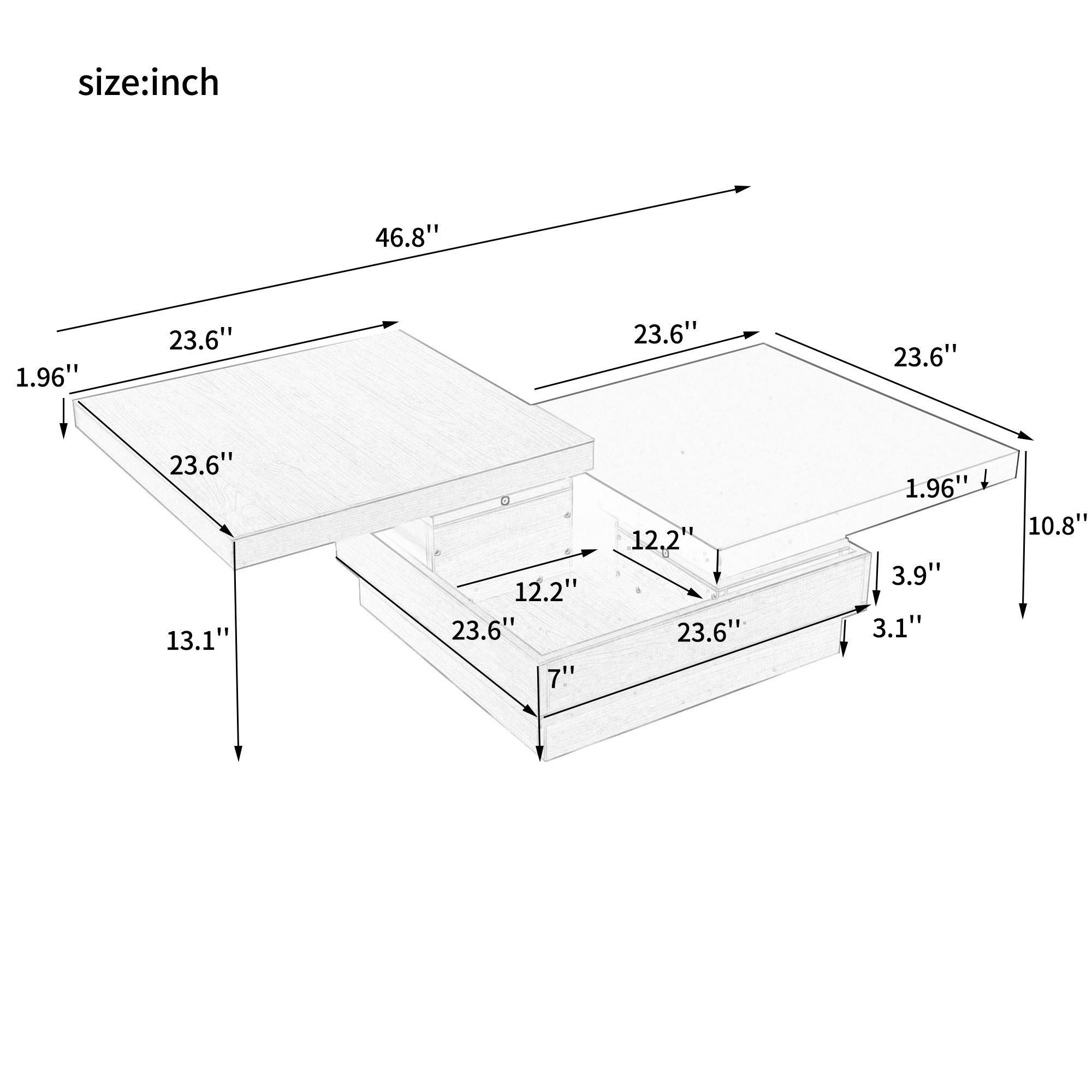 Rotatable Top Coffee Table, Modern Square Coffee Table With Wood Grain Design, 1 Hidden Storage Space For Living Room