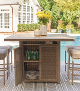 Walton Bridge - Driftwood - 5 Pc. - Square Dining Table W/Fire Pit, 4 Barstools
