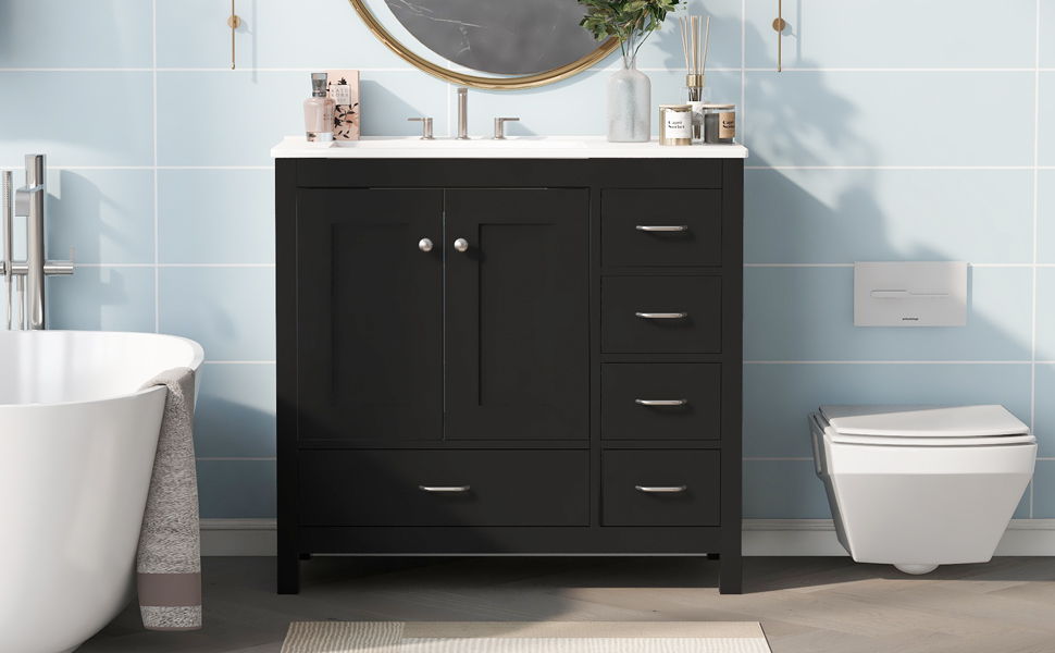 Bathroom Vanity With Ceramic Sink Combo, Abundant Storage Cabinet -2 Soft-Close Doors And 5 Drawers