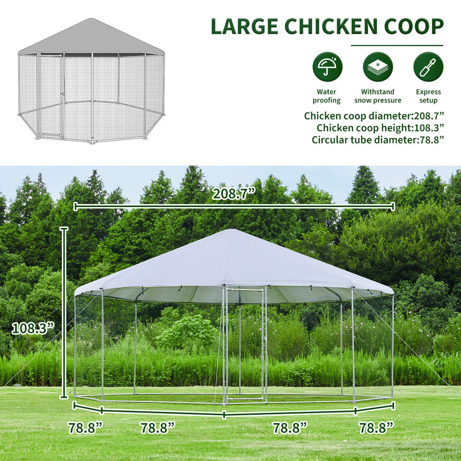 Large Metal Chicken Coop Octagon, Steel Wire Dipped Plastic Mesh, Oxford Cloth Plated Waterproof And UV Resistant, Ducks, Rabbits, Sheep And Birds Outdoor House - Silver