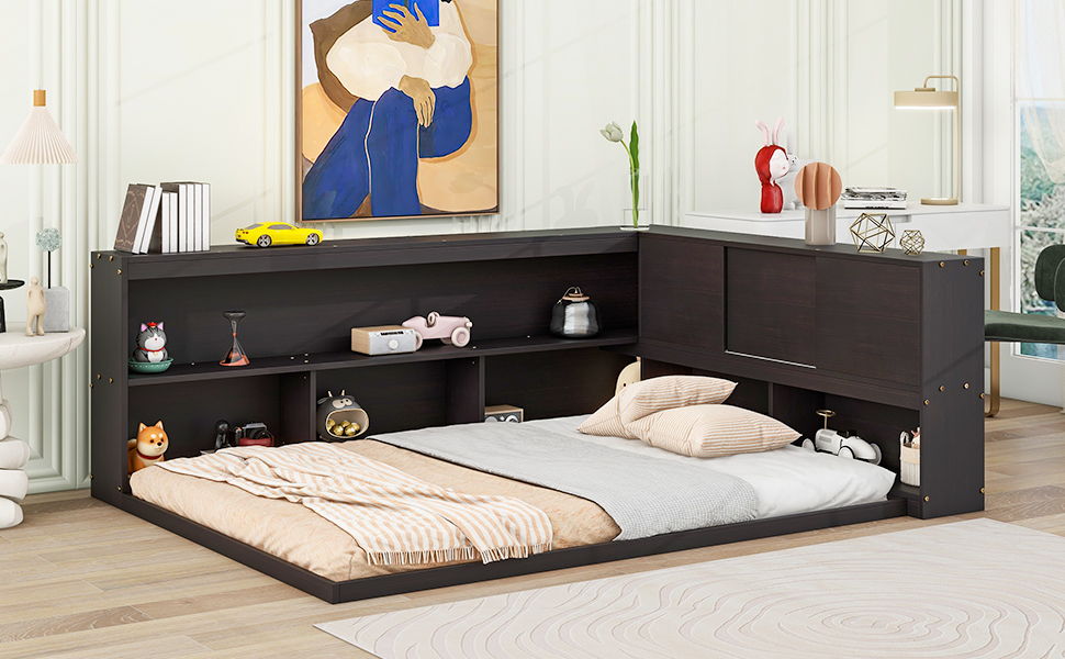 Floor Bed With L-Shaped Bookcases, Sliding Doors, Without Slats