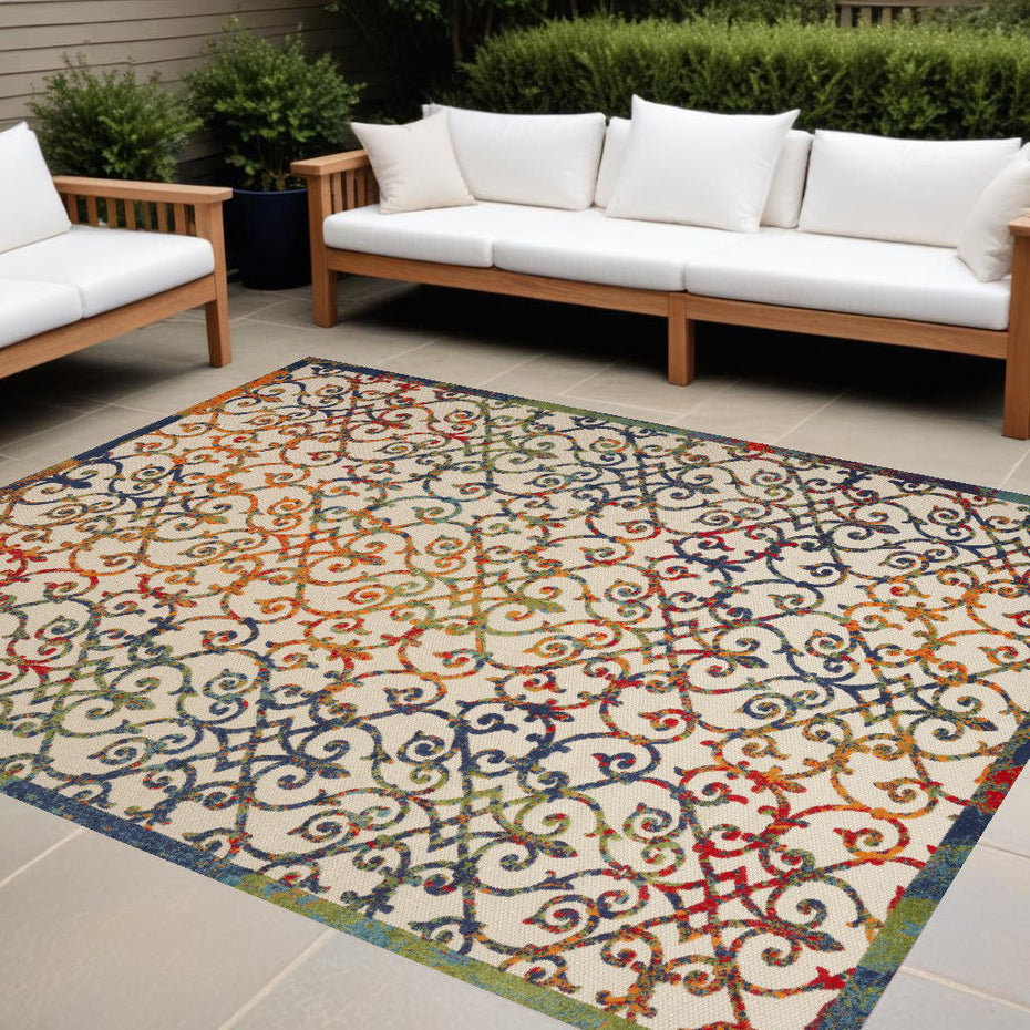 9' X 12' Damask Non Skid Indoor / Outdoor Area Rug - Ivory Blue / Green