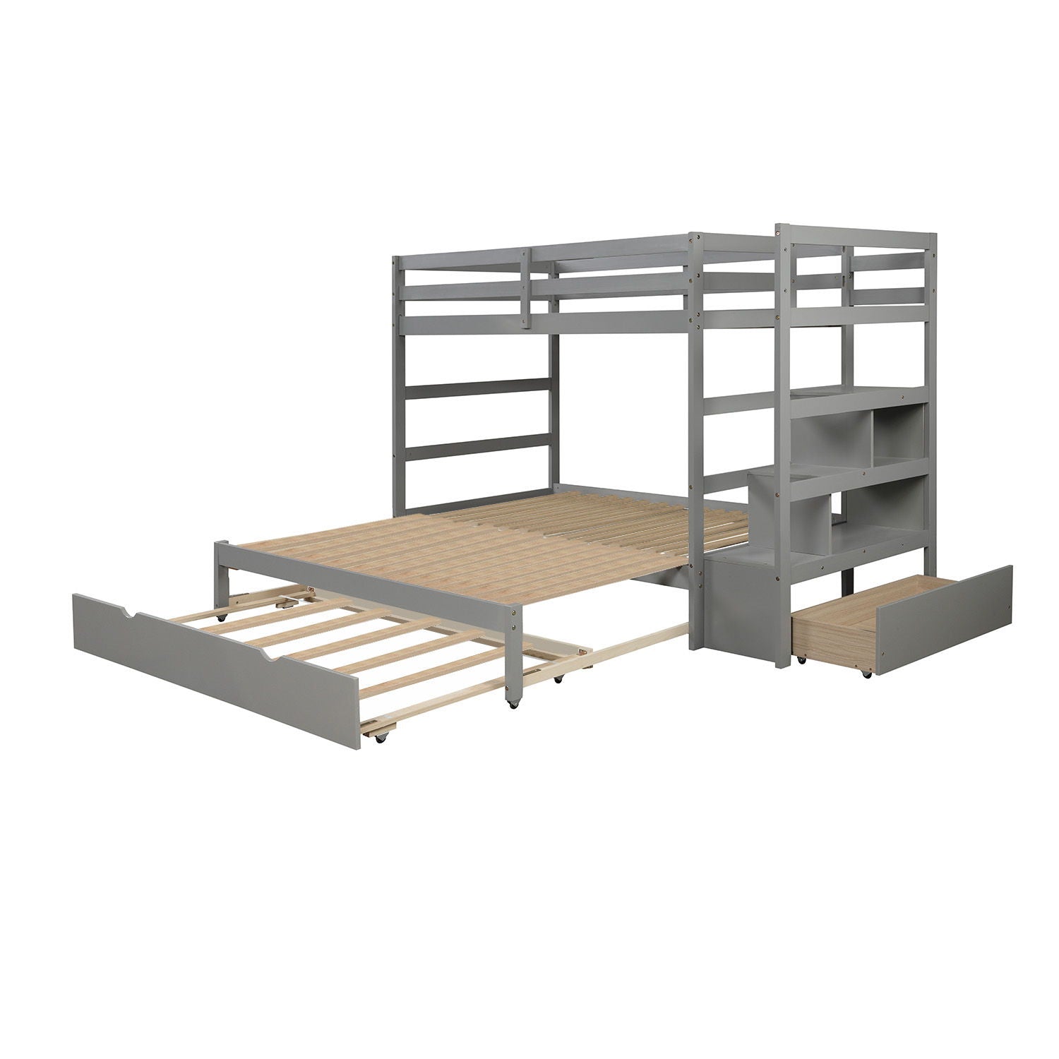 Twin Over Twin / King (Irregular King Size) Bunk Bed With Twin Size Trundle, Extendable Bunk Bed - Gray