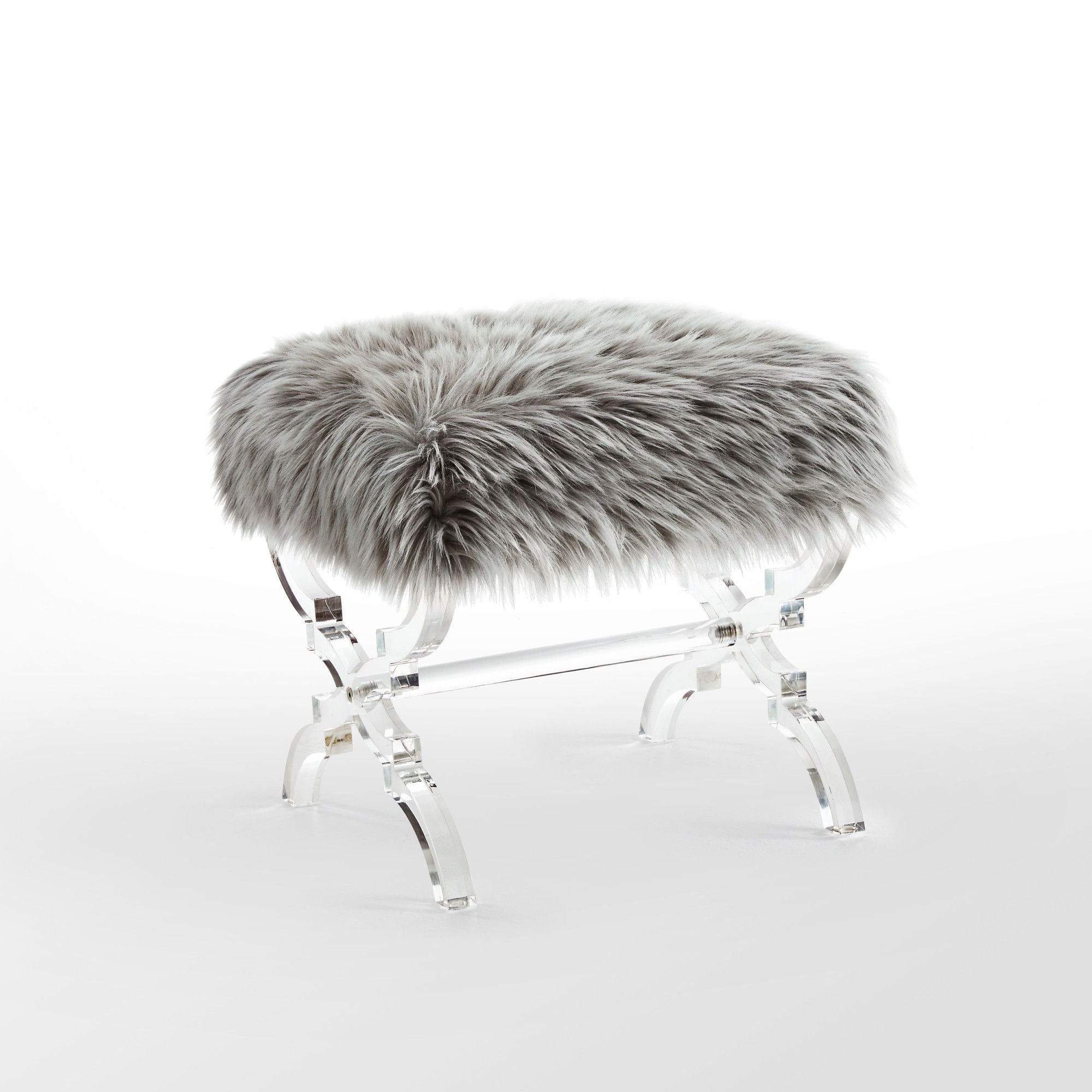 Faux Fur Ottoman - Gray / Clear