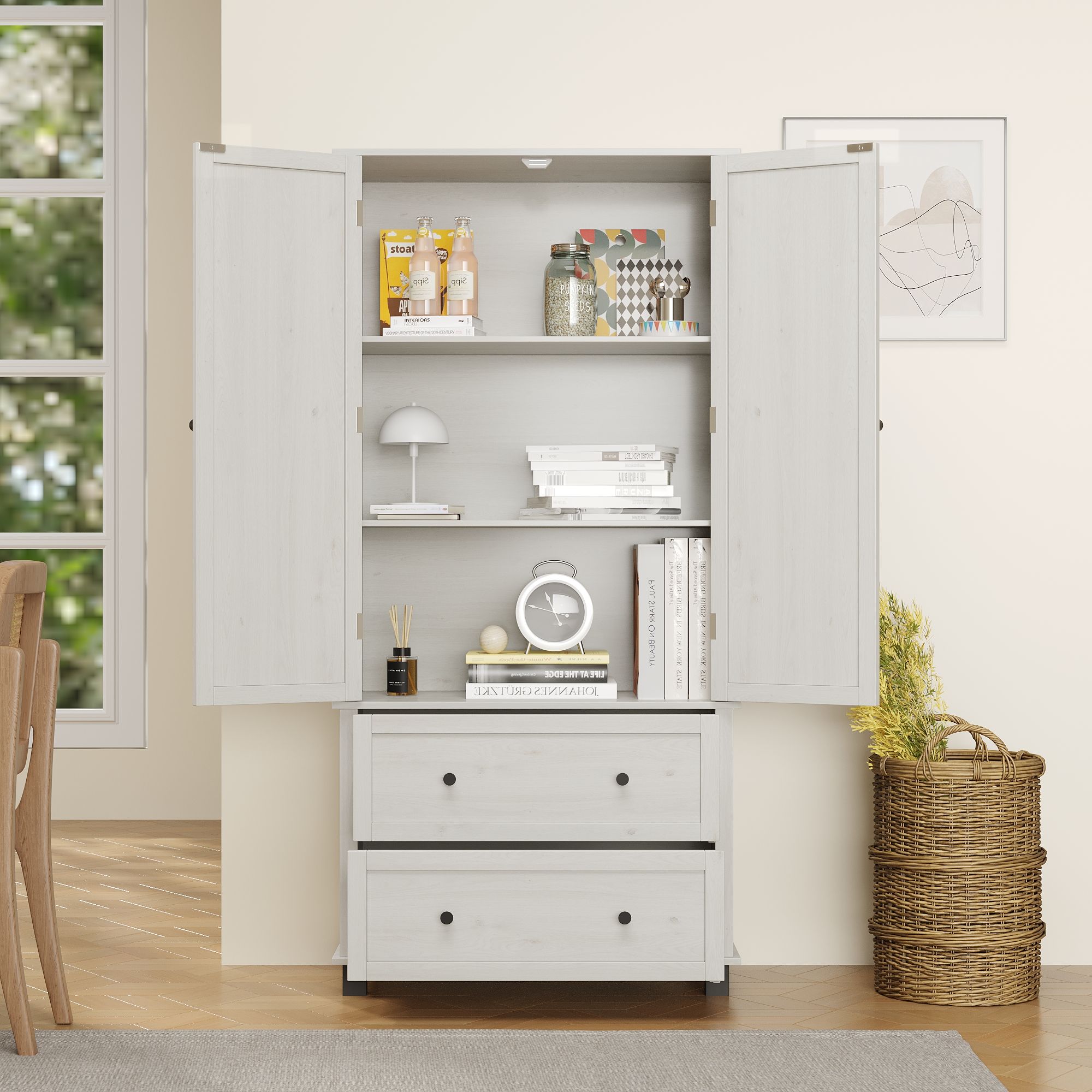 Kitchen Pantry Storage Cabinet With 2 Drawers And 3 Shelves, Minimalist Wood Large Storage Cabinet For Kitchen - Antique White